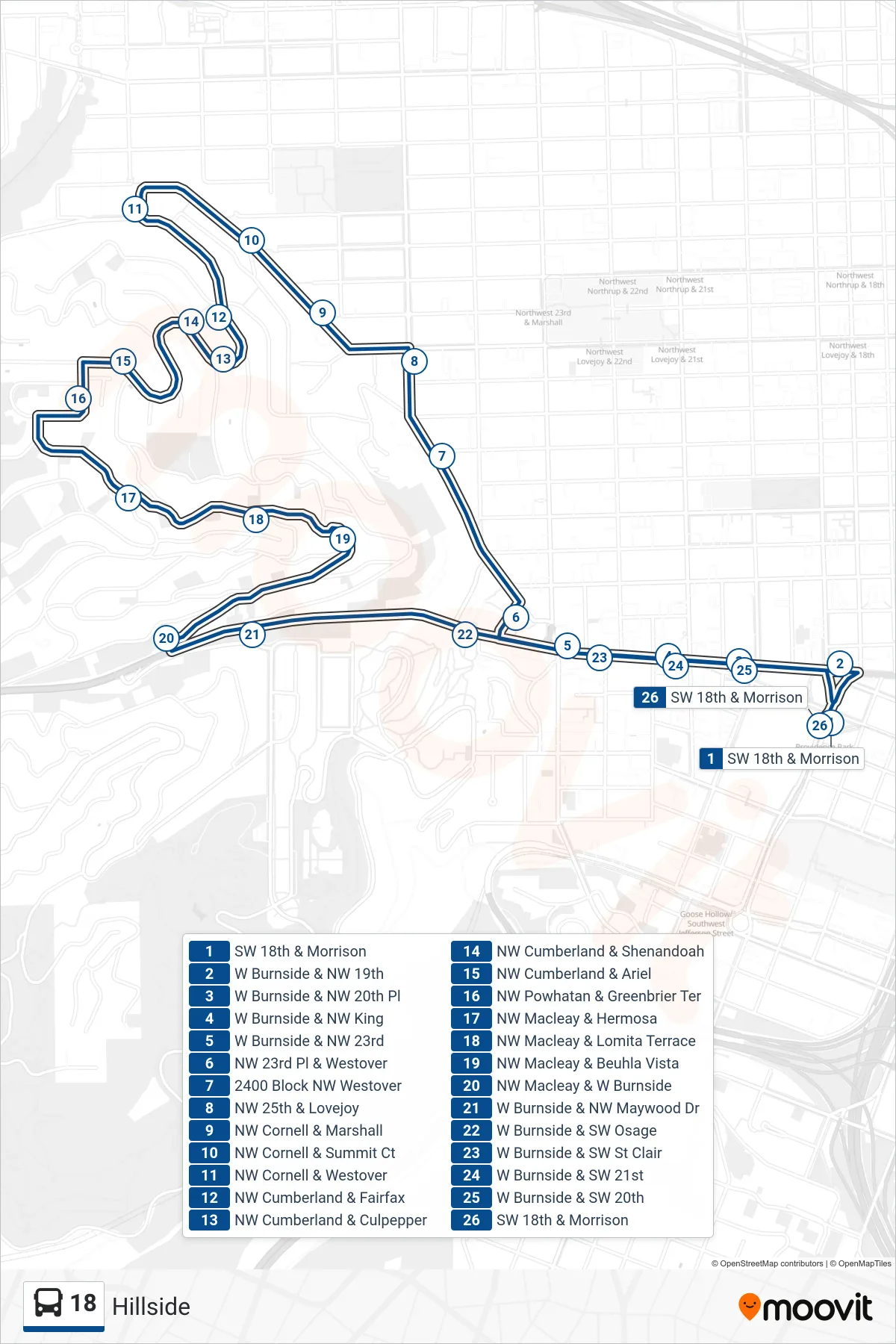 18 bus Line (SW 18th & Morrison) route and stops on a map