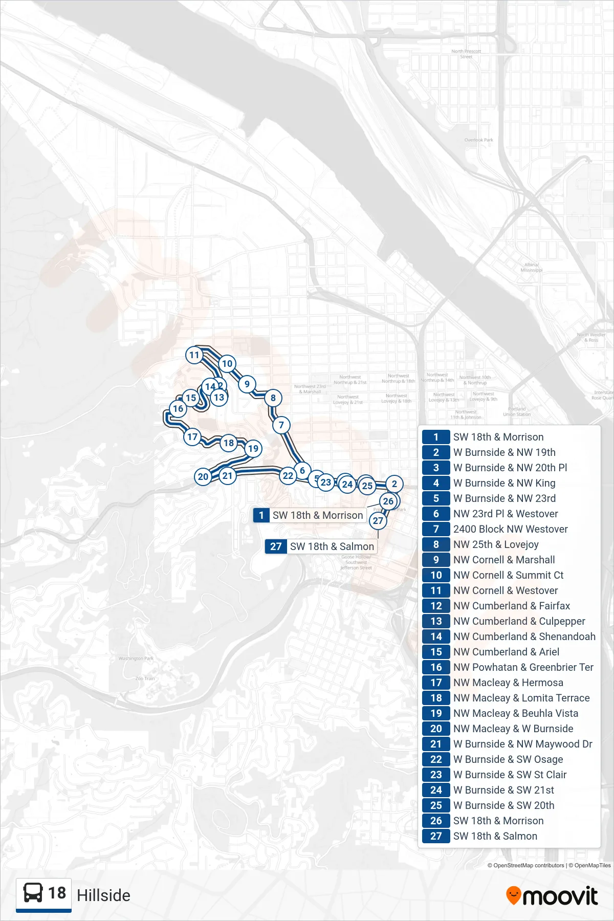 18 bus Line (SW 18th & Salmon) route and stops on a map