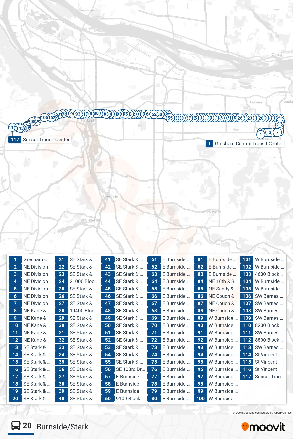 20 bus Line (Sunset Transit Center) route and stops on a map