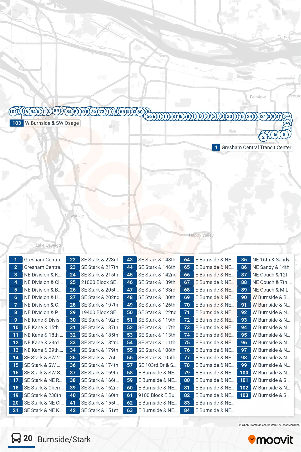 20 bus Line (W Burnside & SW Osage) route and stops on a map