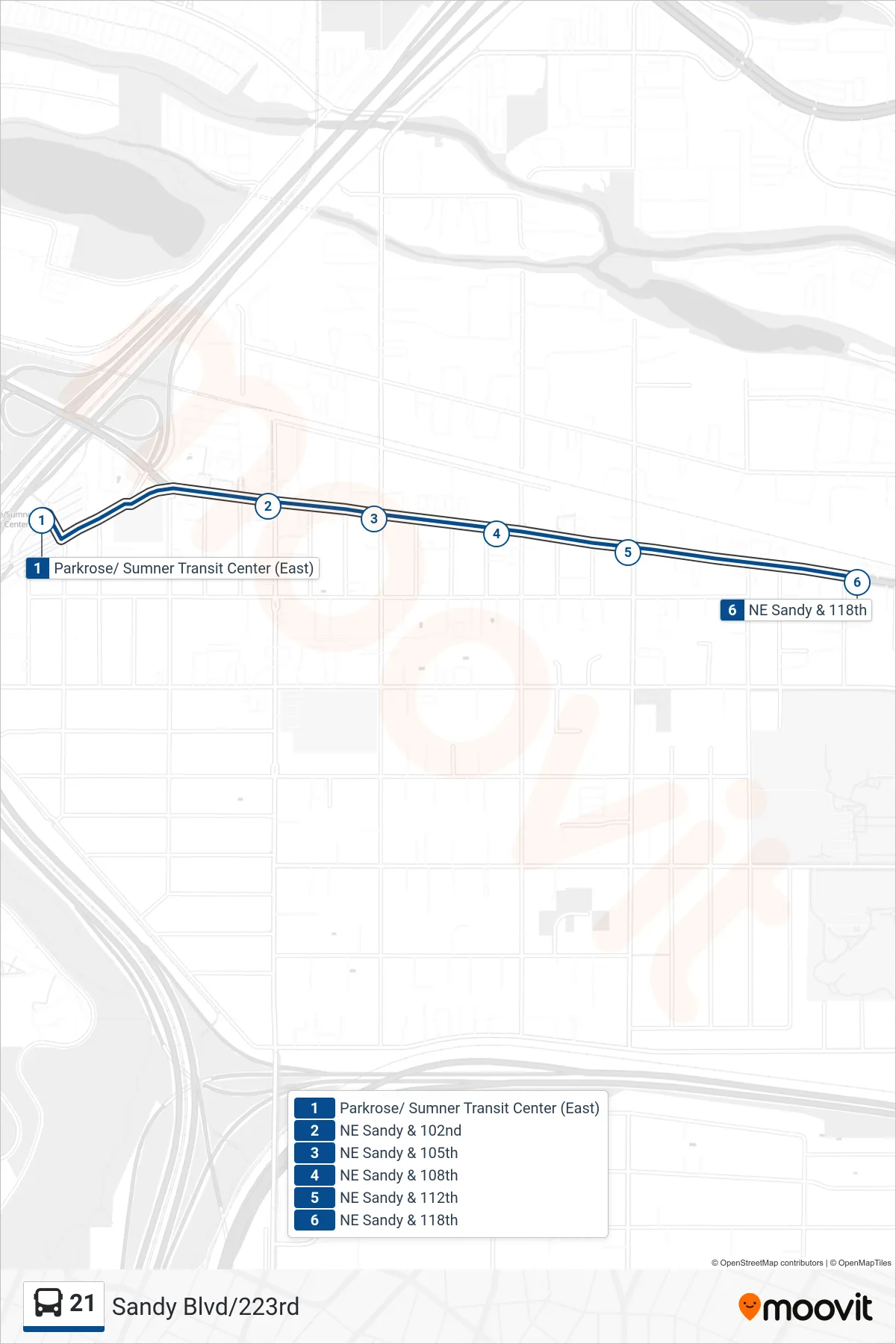 21 bus Line (NE Sandy & 118th) route and stops on a map