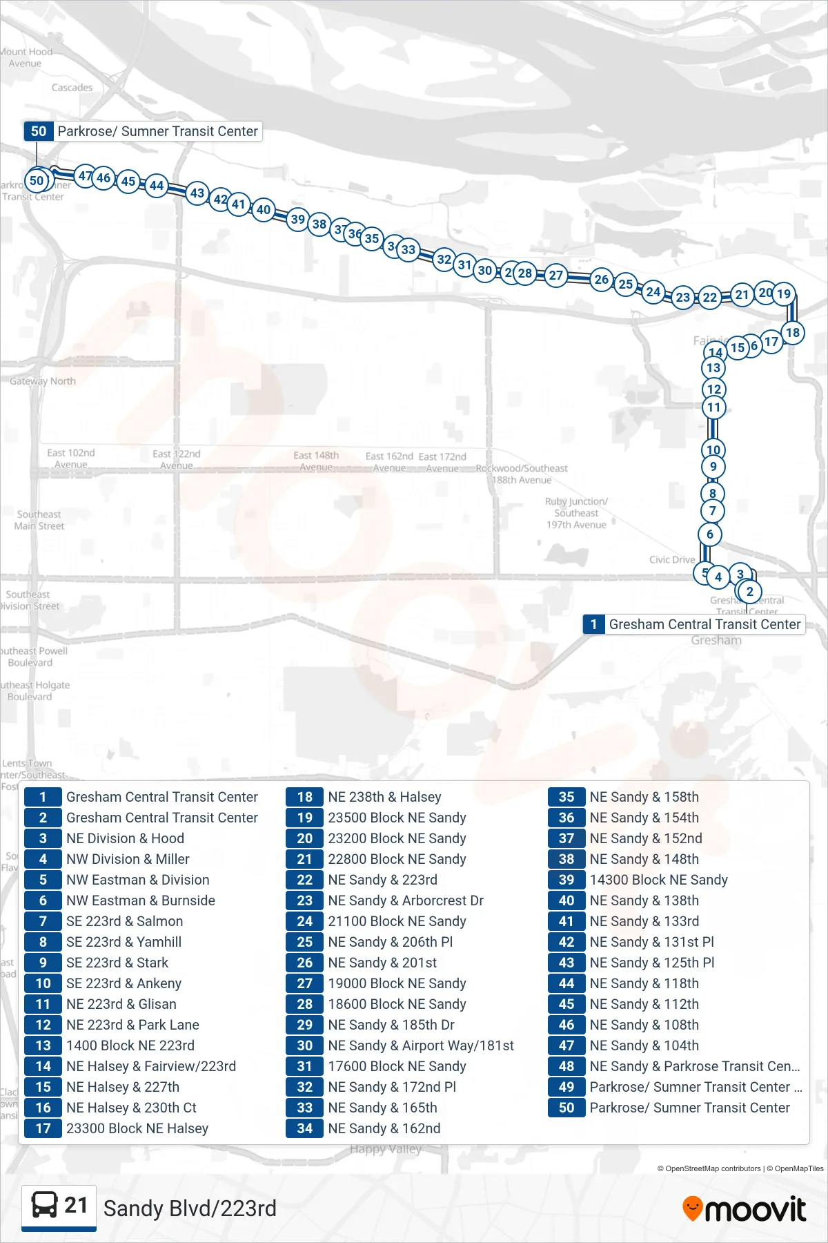 21 bus Line (Parkrose/ Sumner Transit Center) route and stops on a map