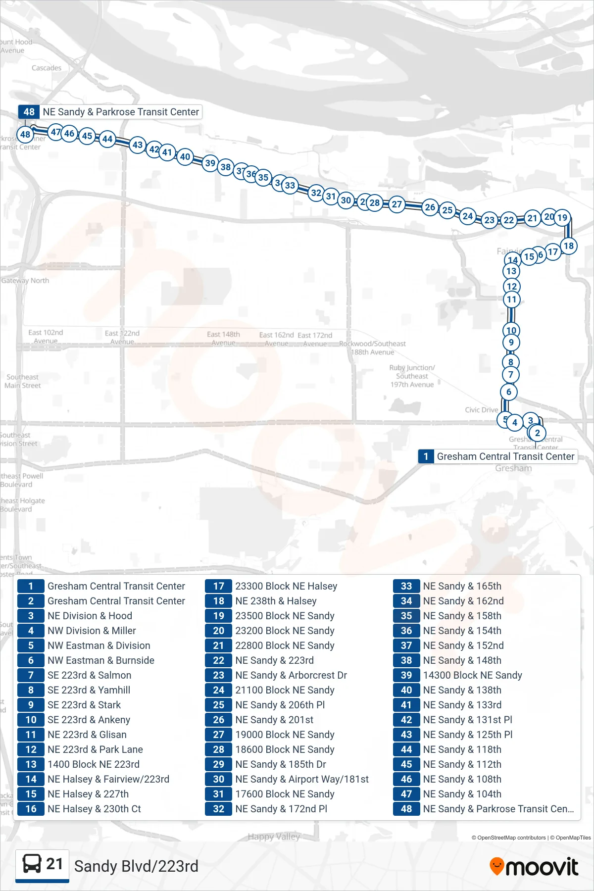 21 bus Line (NE Sandy & Parkrose Transit Center) route and stops on a map
