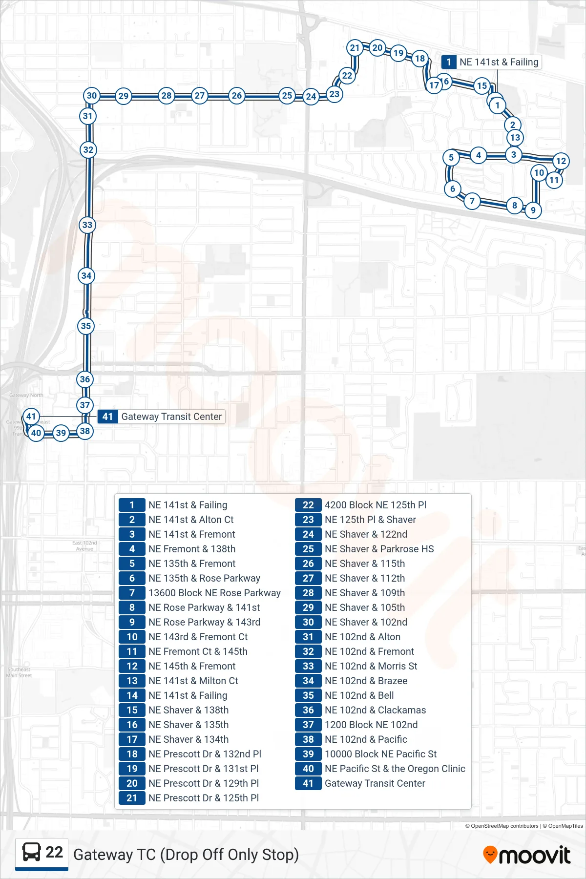 22 bus Line (Gateway TC (Drop Off Only Stop)) route and stops on a map