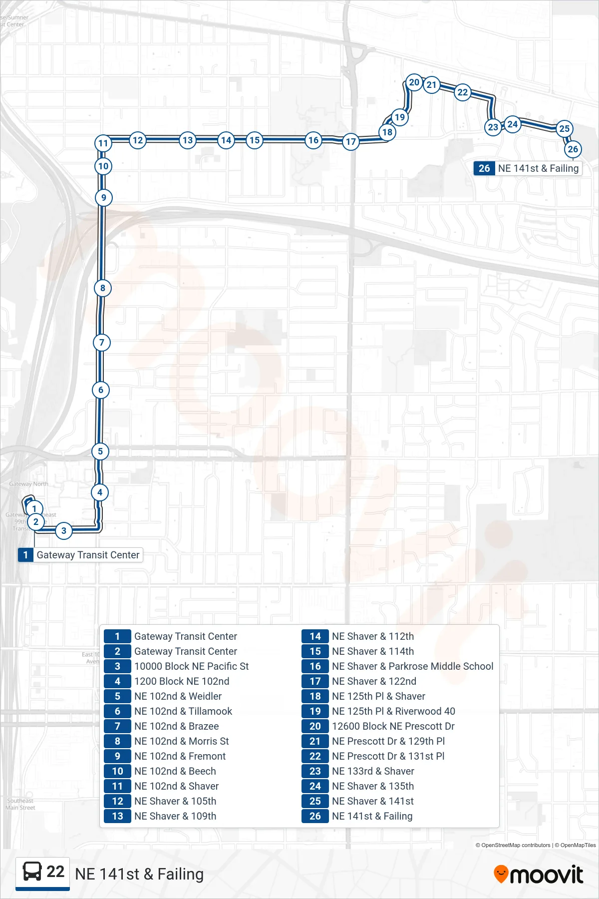 22 bus Line (NE 141st & Failing) route and stops on a map