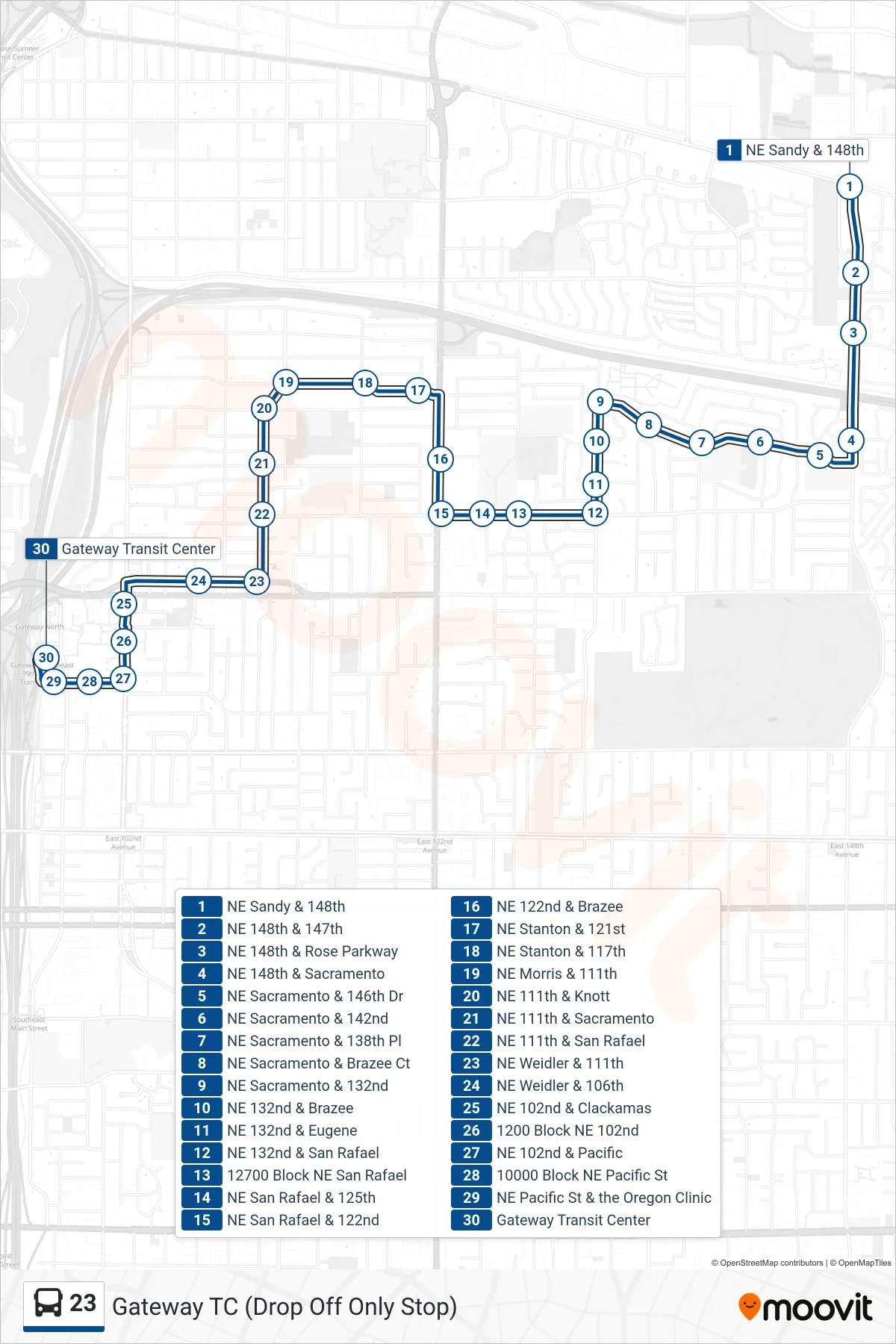 23 bus Line (Gateway TC (Drop Off Only Stop)) route and stops on a map