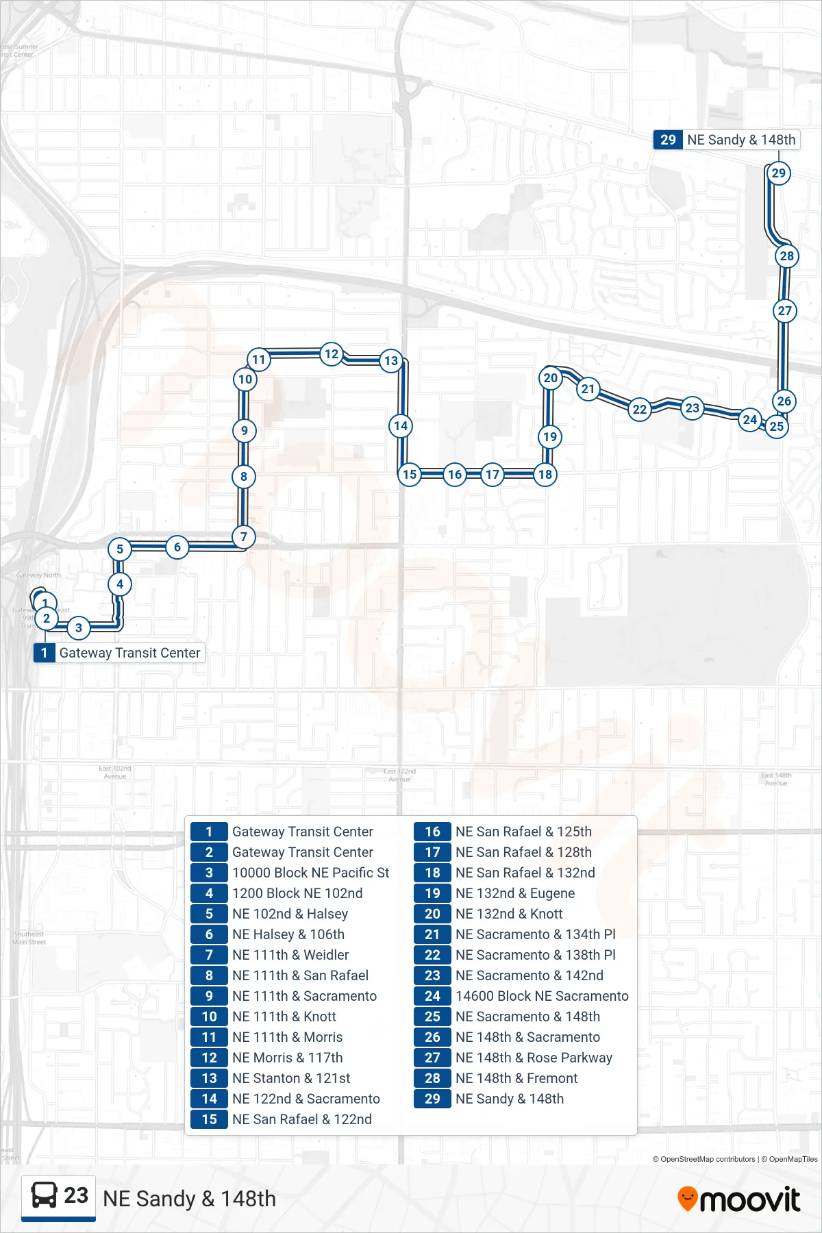 23 bus Line (NE Sandy & 148th) route and stops on a map