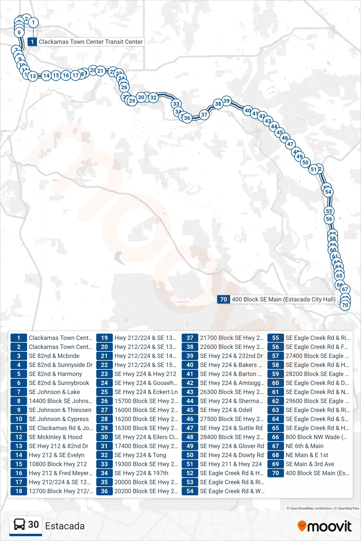 30 bus Line (400 Block SE Main (Estacada City Hall)) route and stops on a map