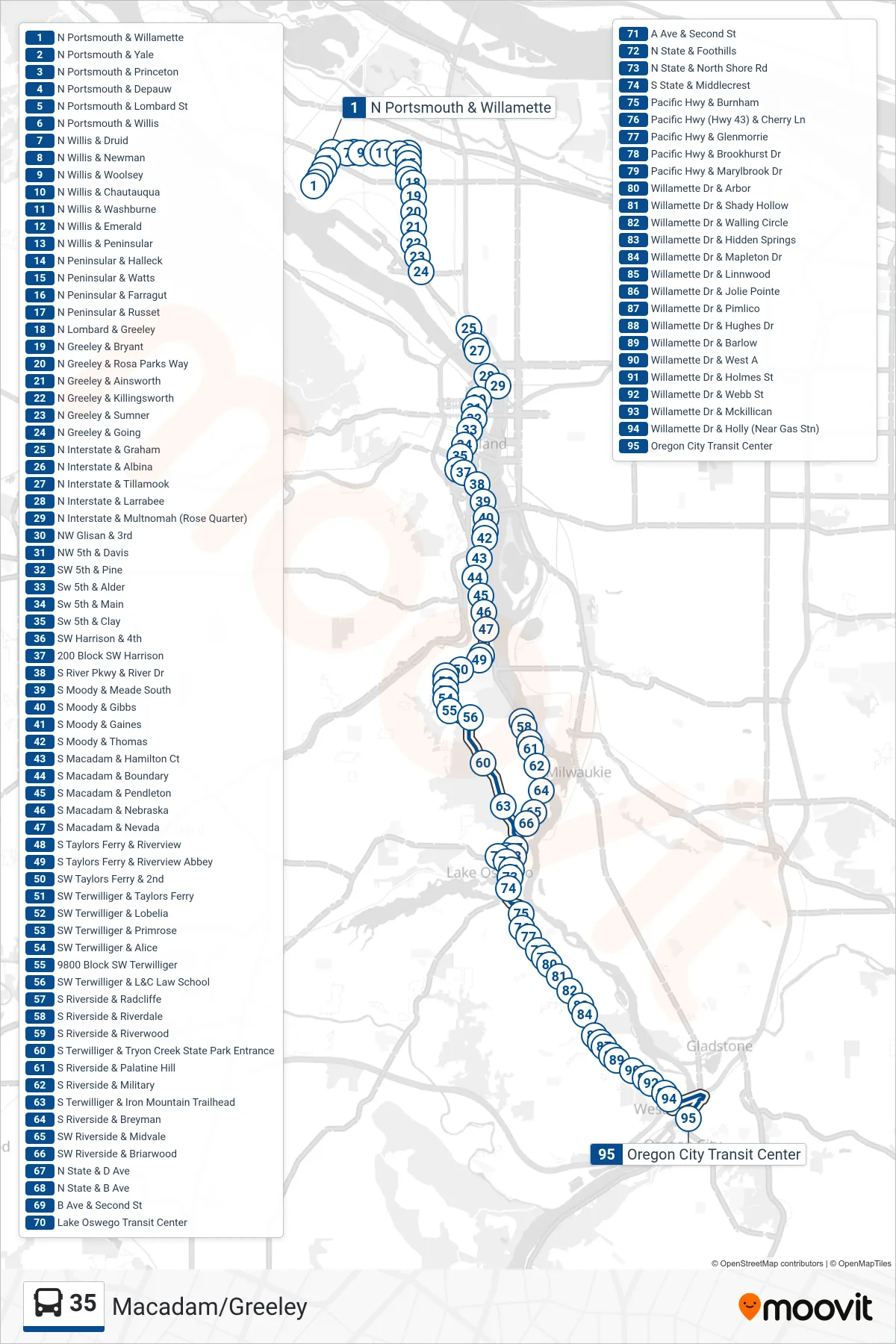 35 bus Line (Oregon City Transit Center) route and stops on a map