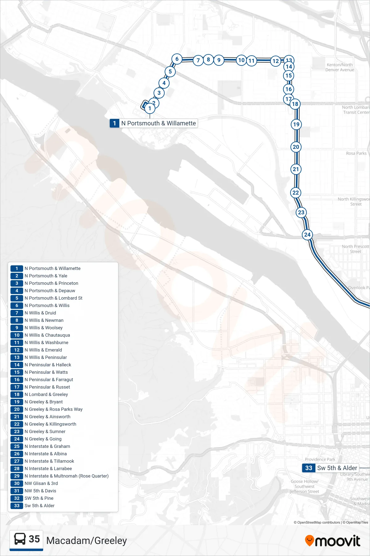 35 bus Line (SW 5th & Alder) route and stops on a map
