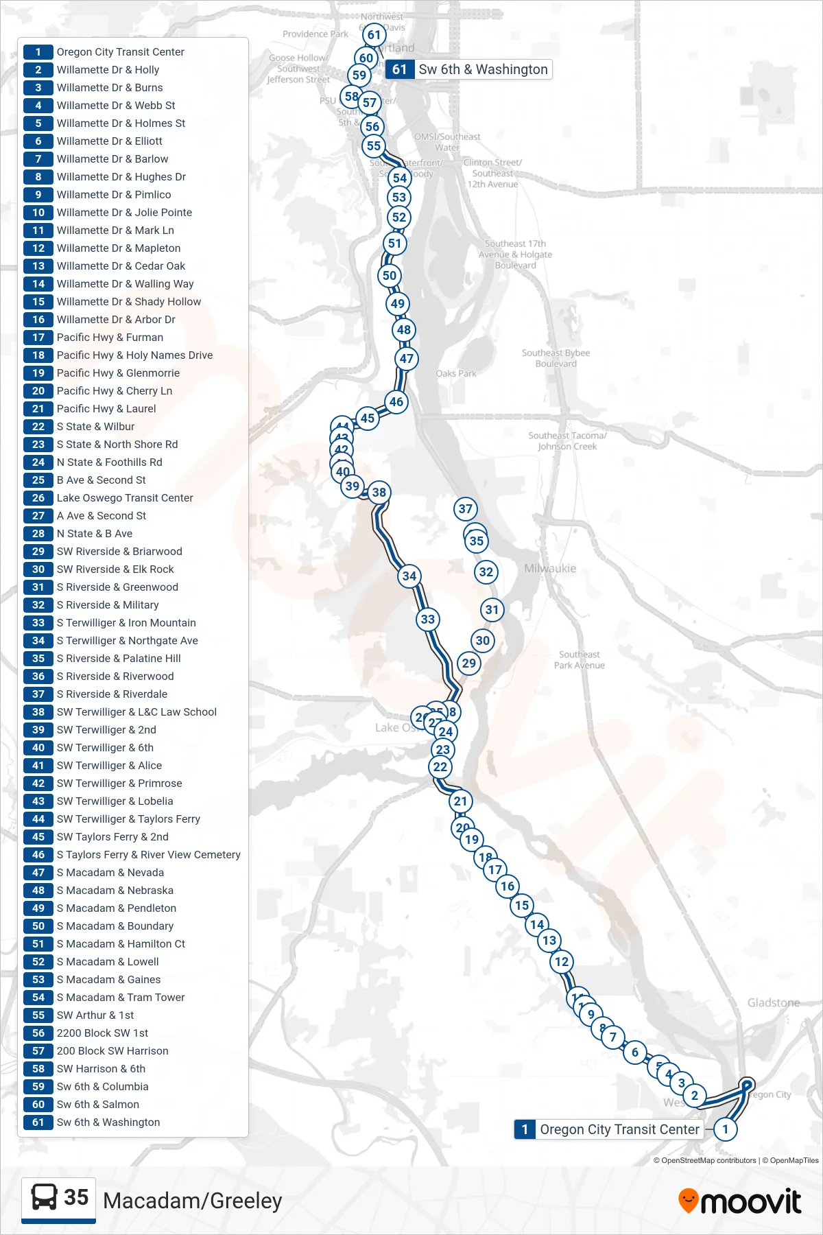 35 bus Line (SW 6th & Washington) route and stops on a map
