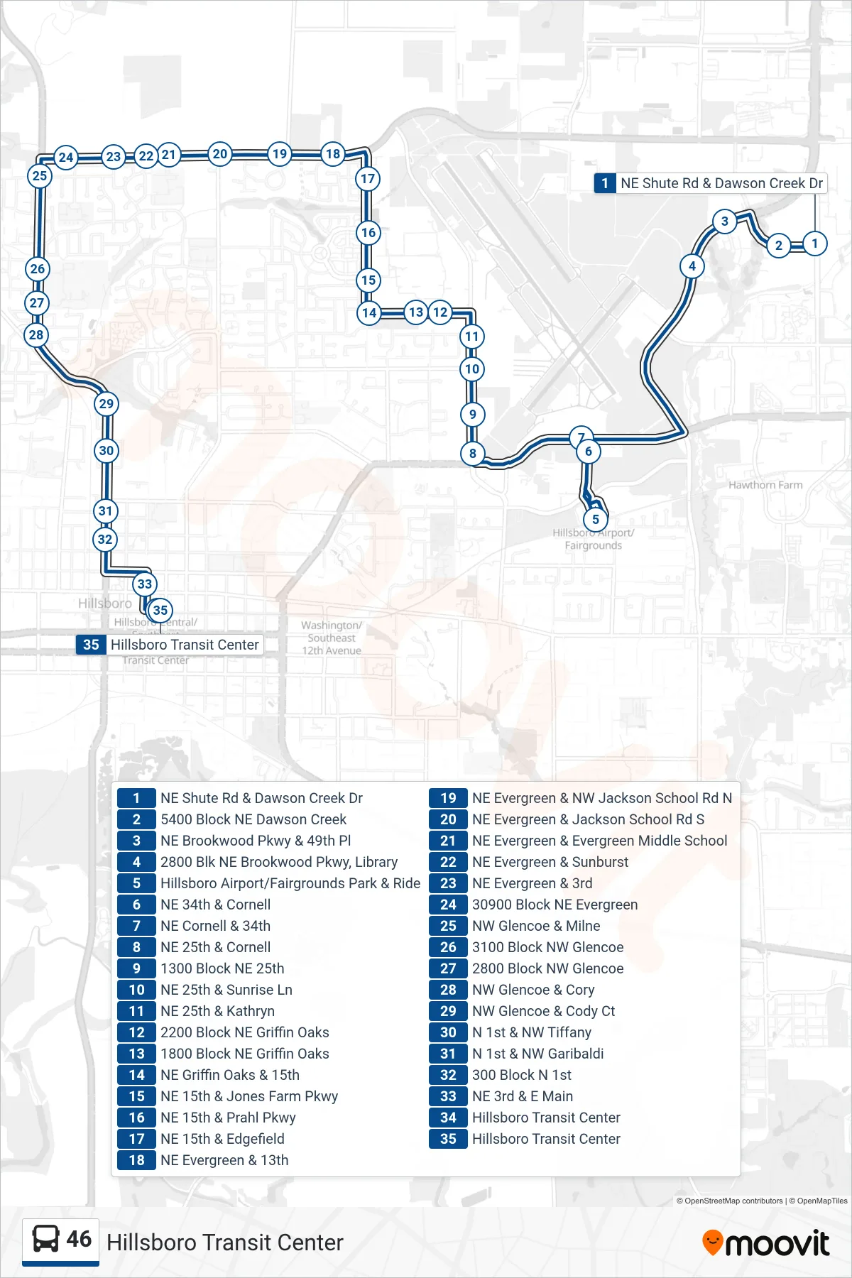 46 bus Line (Hillsboro Transit Center) route and stops on a map
