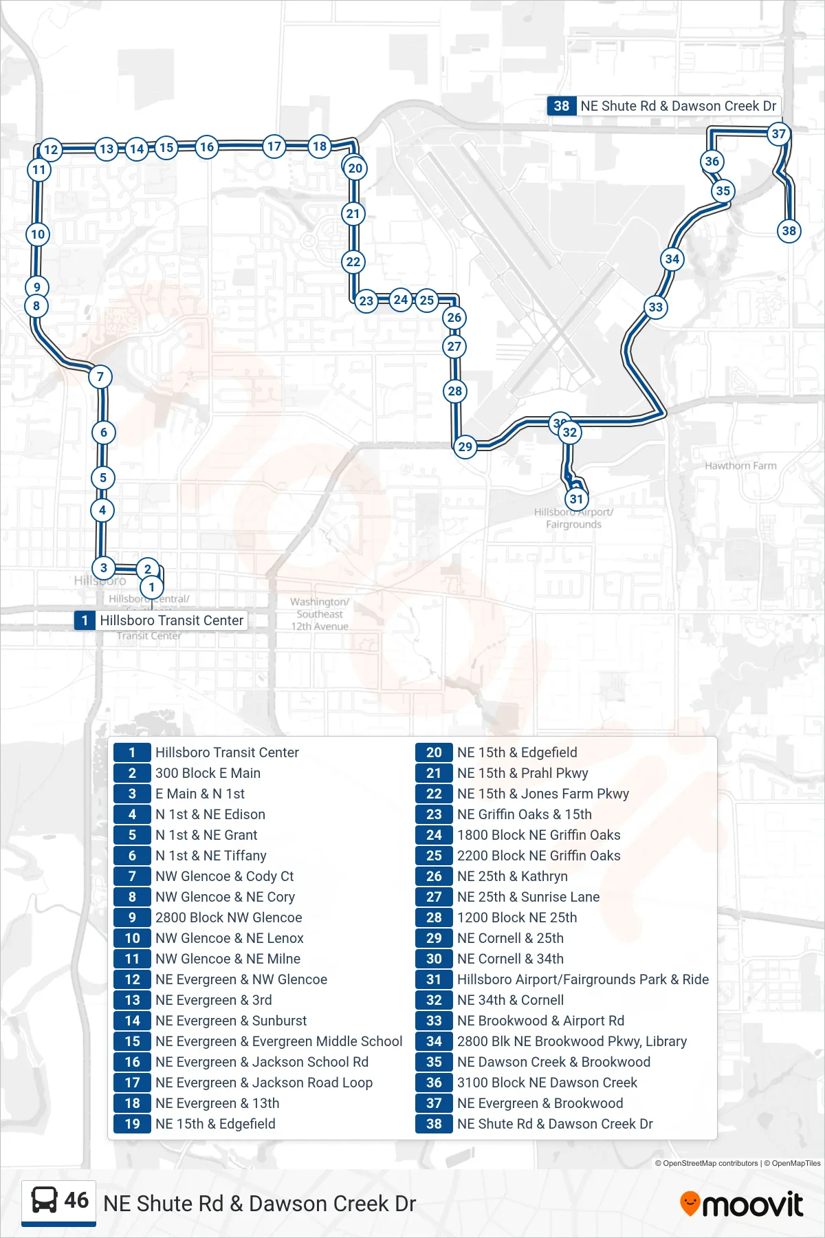 46 bus Line (NE Shute Rd & Dawson Creek Dr) route and stops on a map