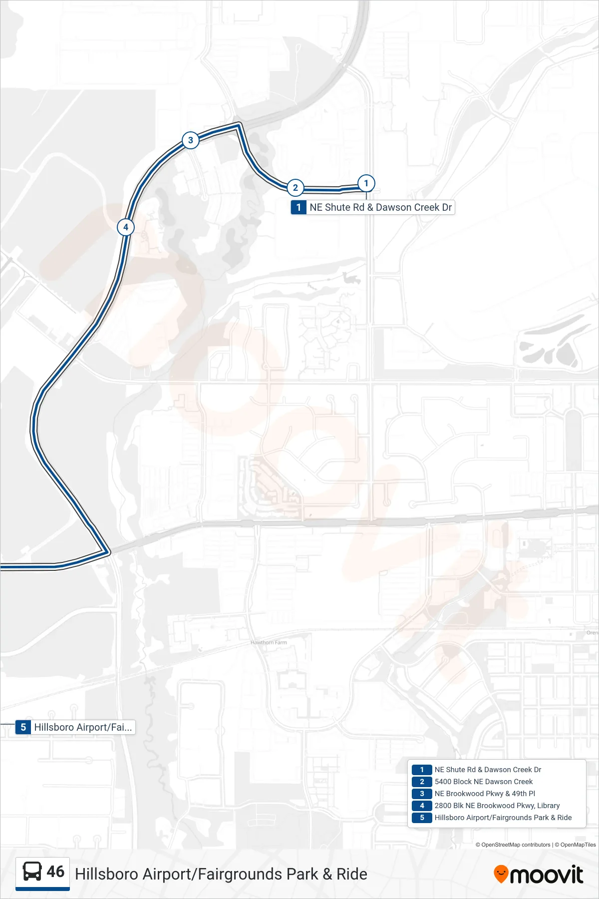 46 bus Line (Hillsboro Airport/Fairgrounds Park & Ride) route and stops on a map