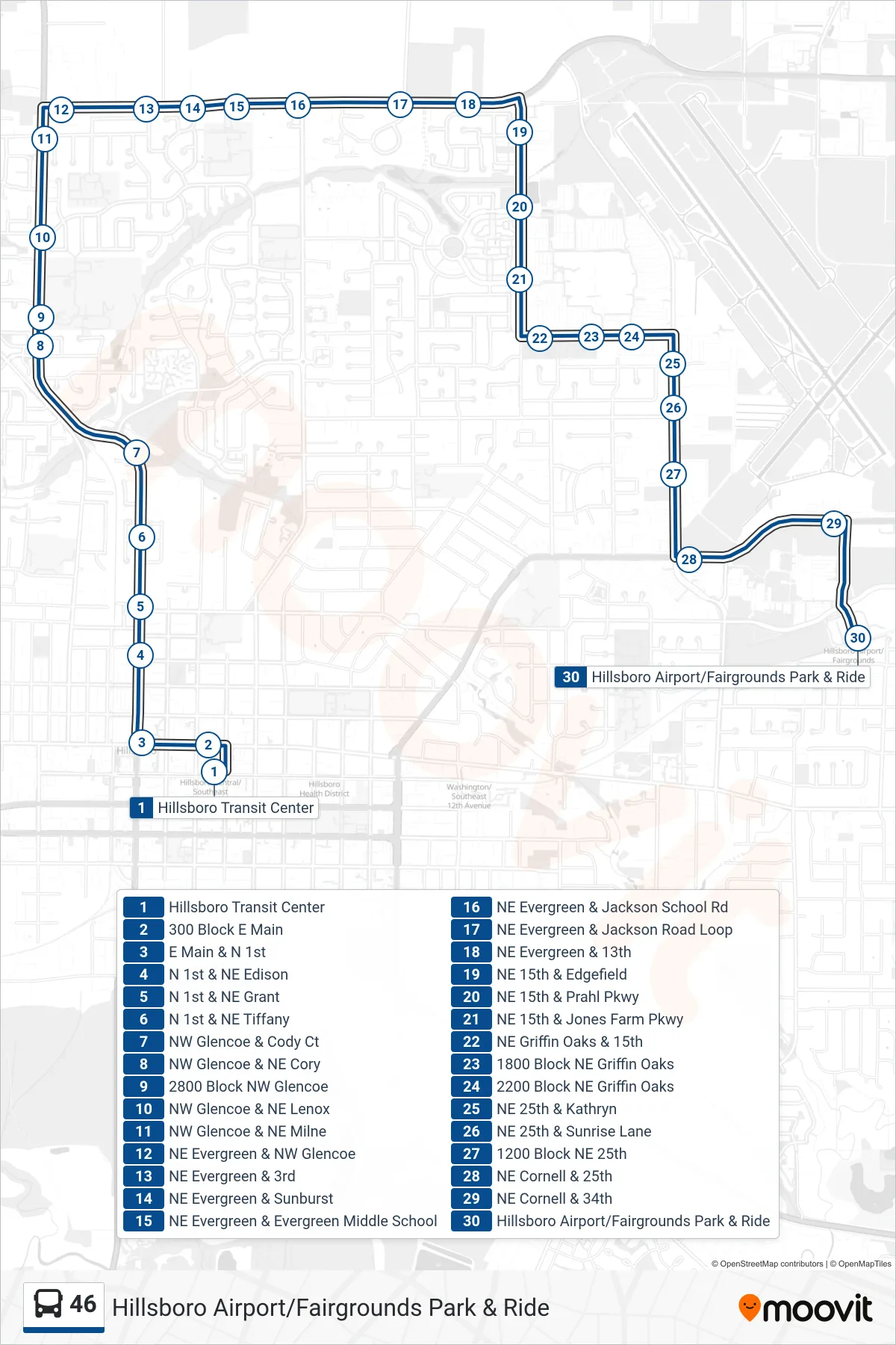 46 bus Line (Hillsboro Airport/Fairgrounds Park & Ride) route and stops on a map