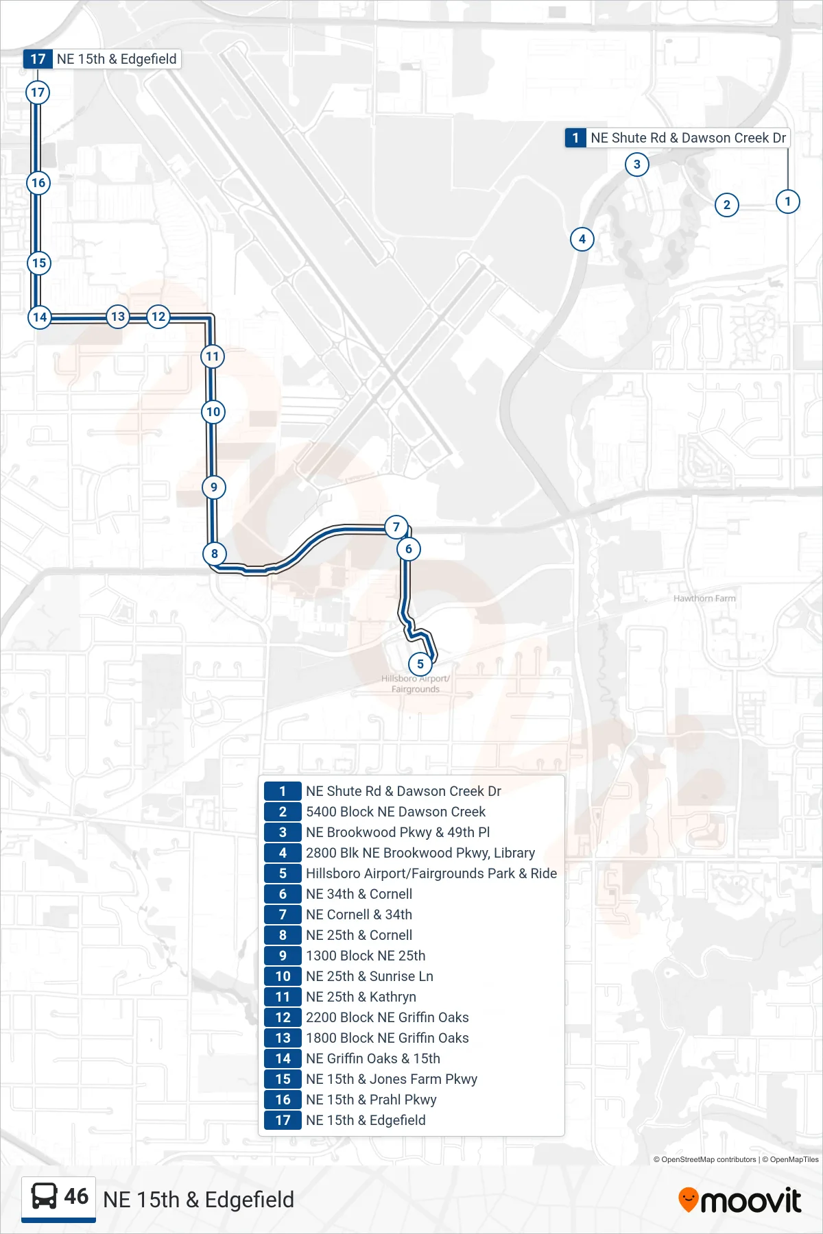 46 bus Line (NE 15th & Edgefield) route and stops on a map