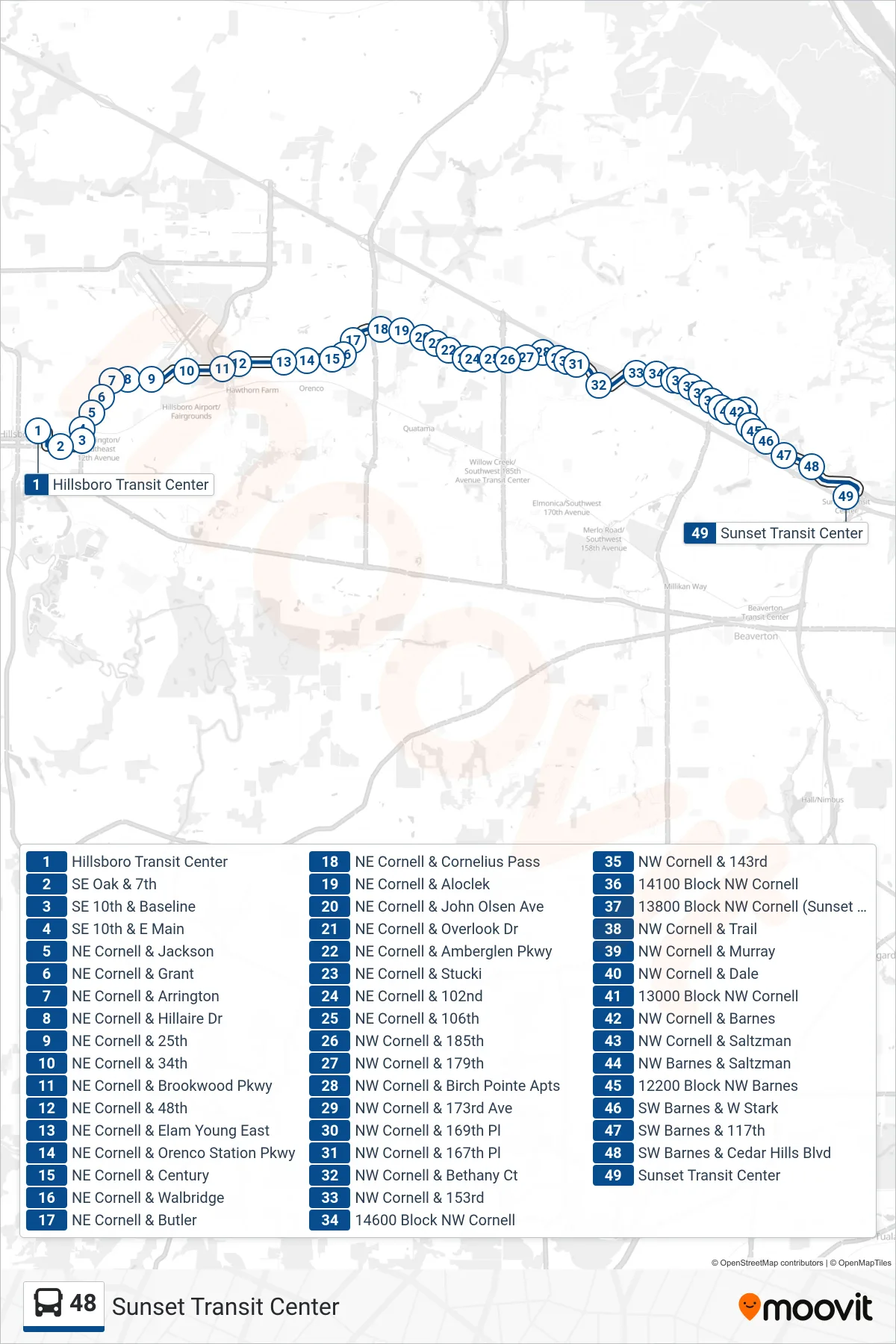 48 bus Line (Sunset Transit Center) route and stops on a map