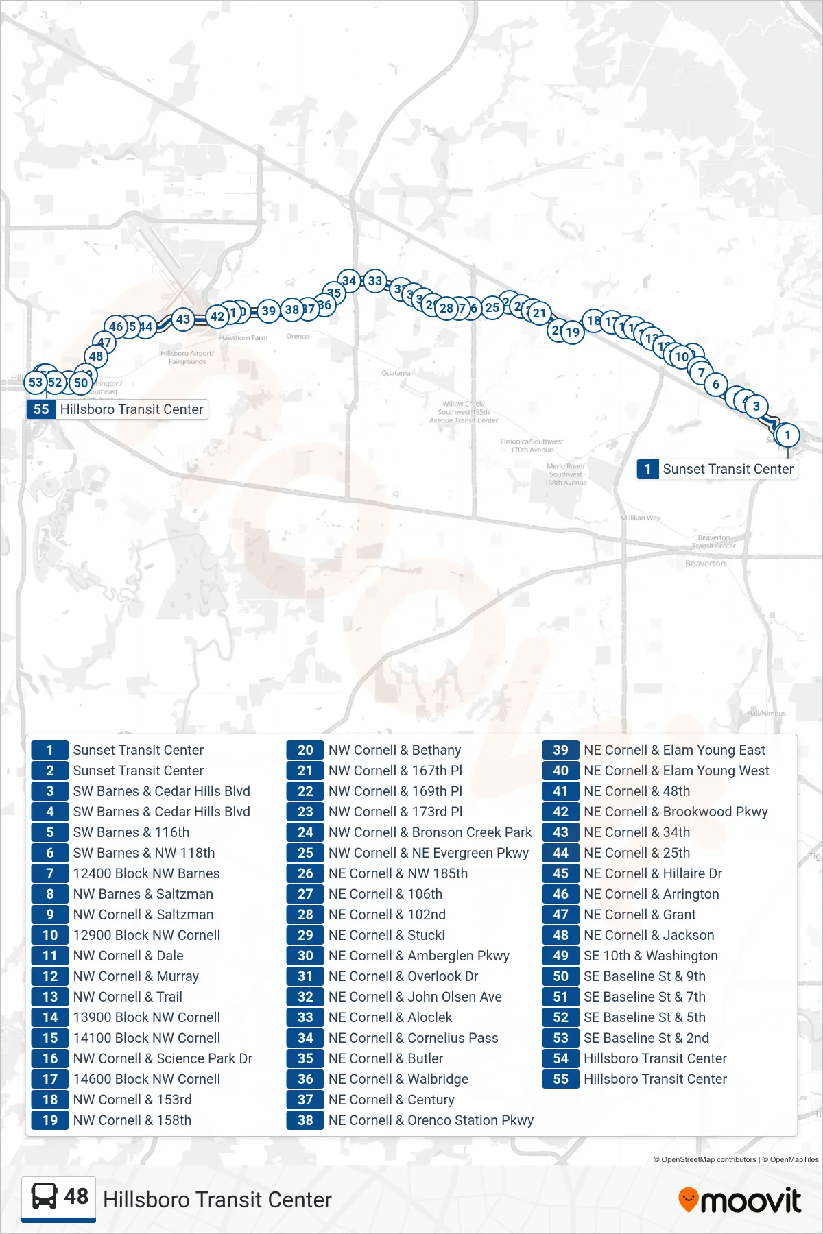 48 bus Line (Hillsboro Transit Center) route and stops on a map