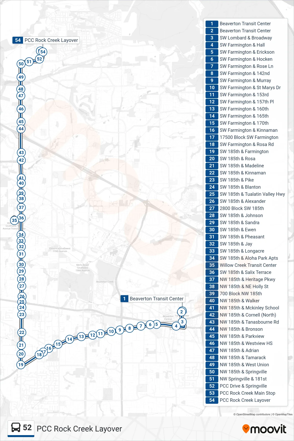 52 bus Line (PCC Rock Creek Layover) route and stops on a map