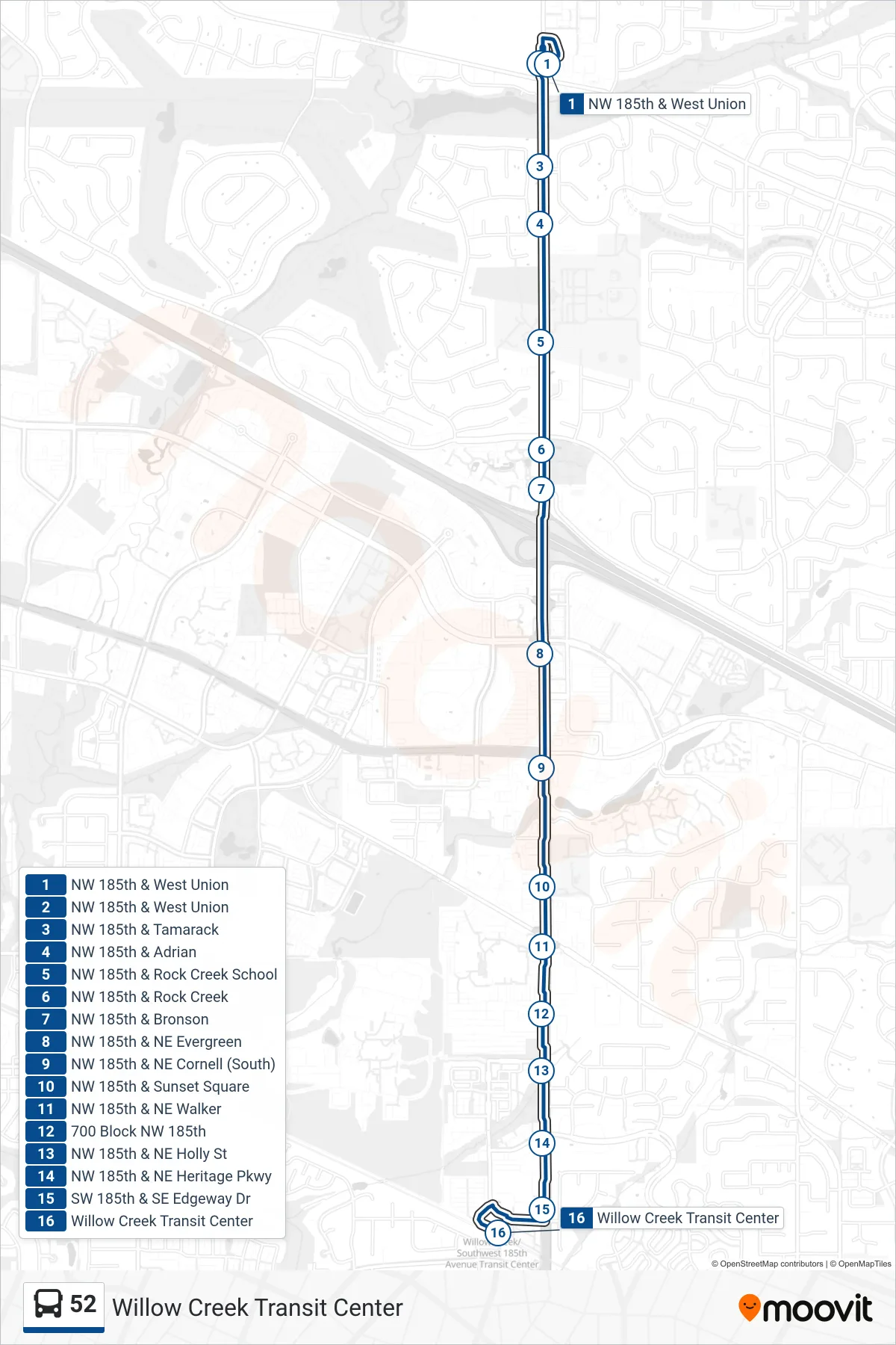 52 bus Line (Willow Creek Transit Center) route and stops on a map