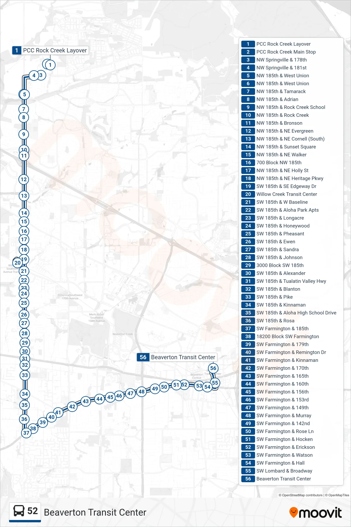 52 bus Line (Beaverton Transit Center) route and stops on a map