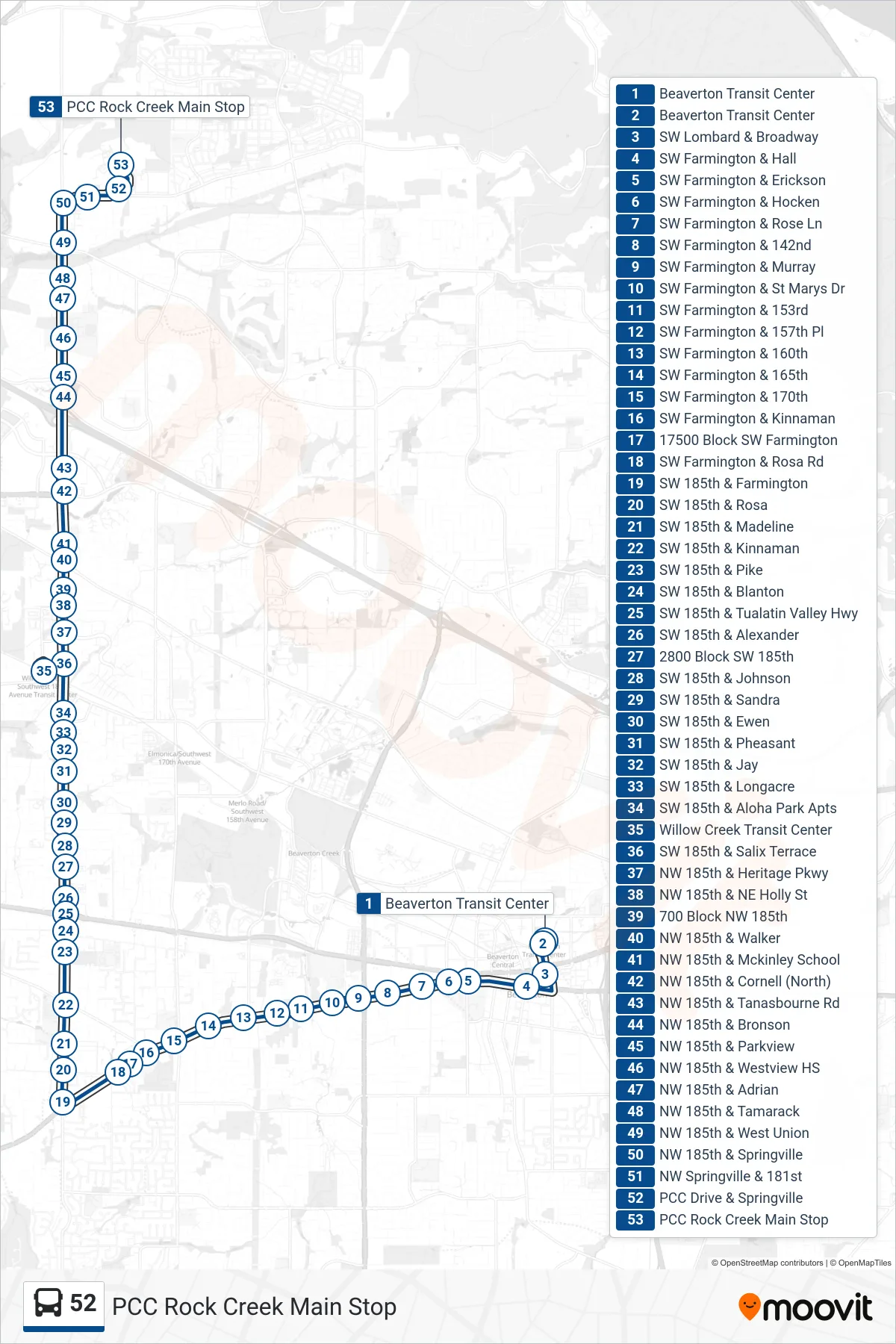 52 bus Line (PCC Rock Creek Main Stop) route and stops on a map