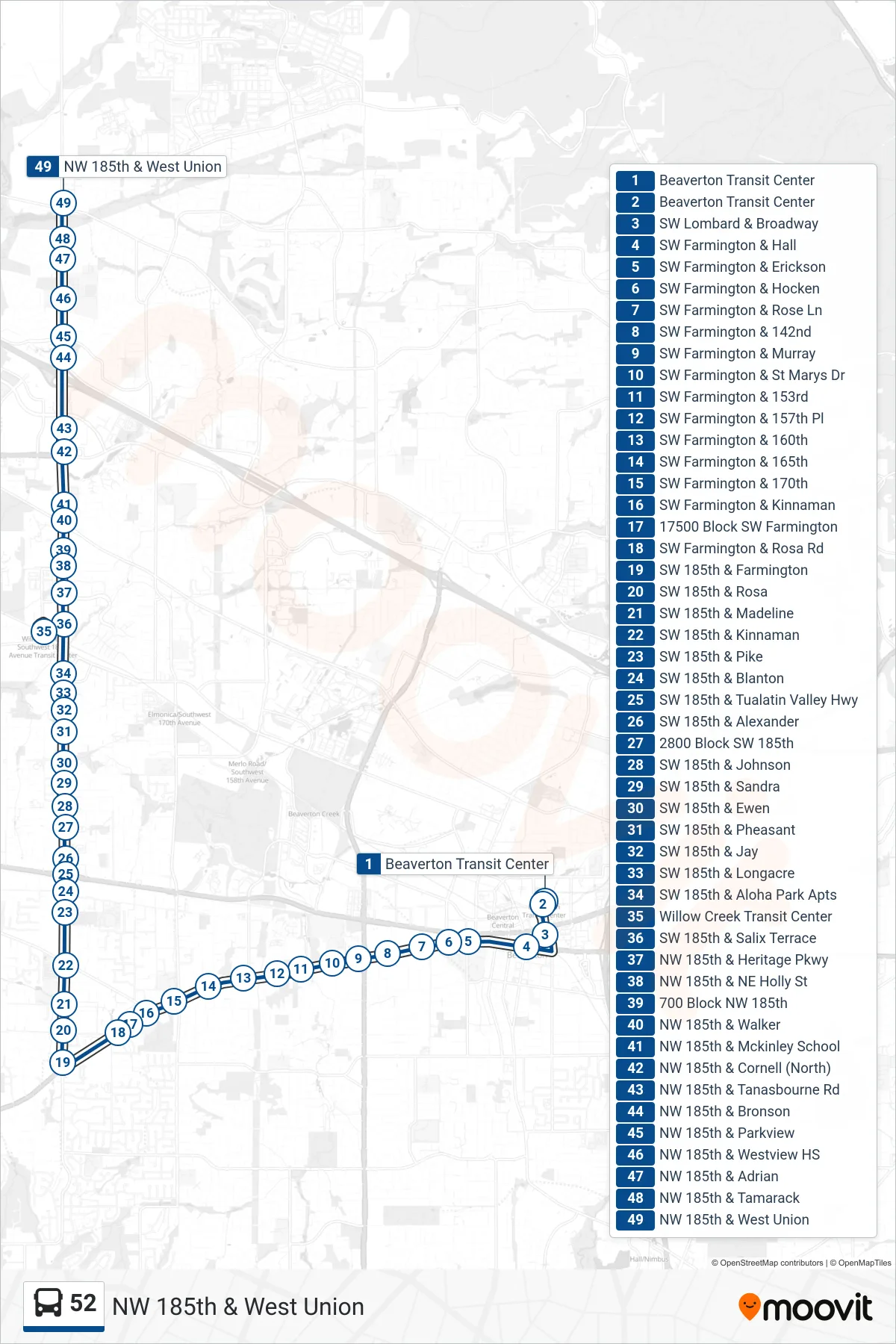 52 bus Line (NW 185th & West Union) route and stops on a map