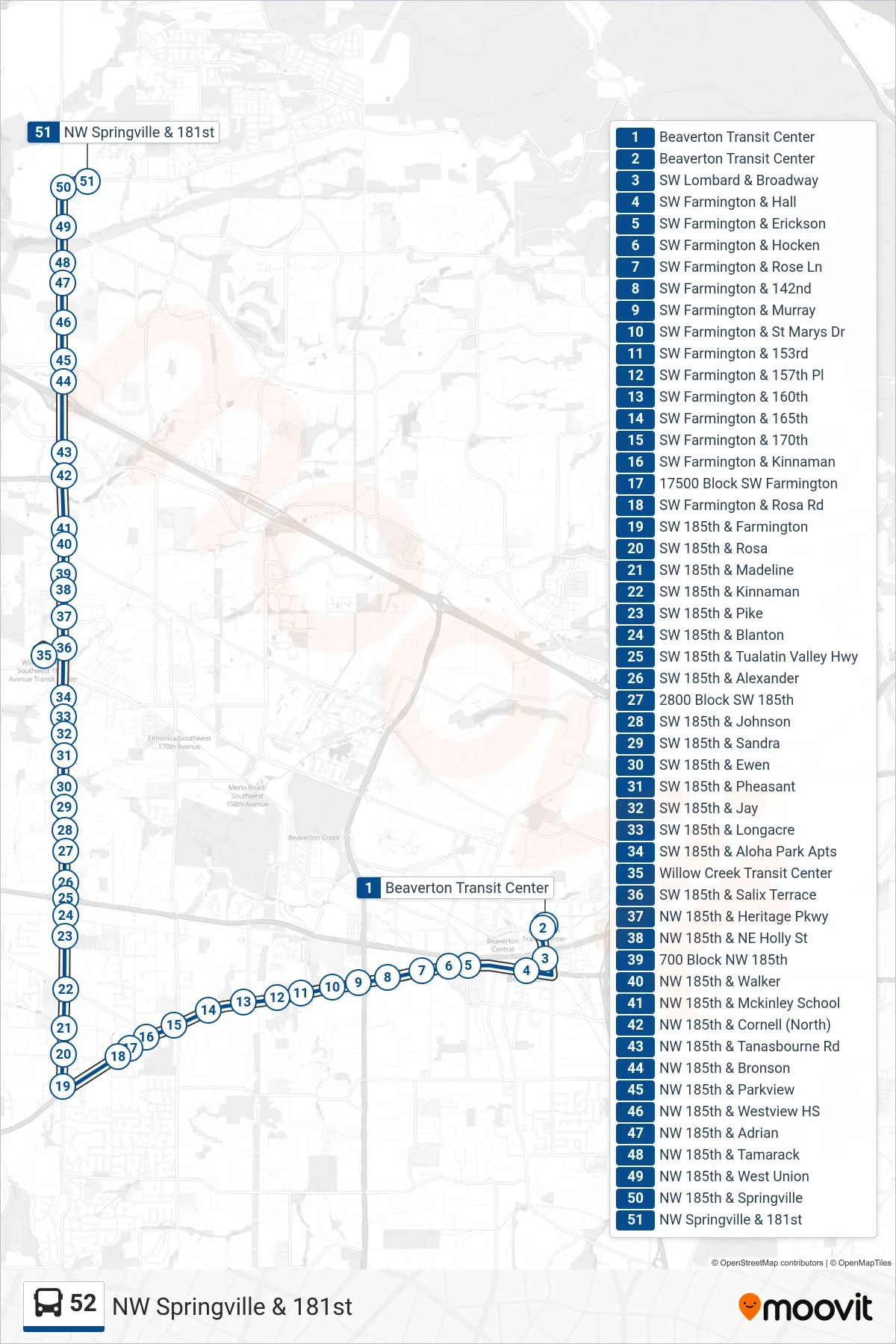 52 bus Line (NW Springville & 181st) route and stops on a map