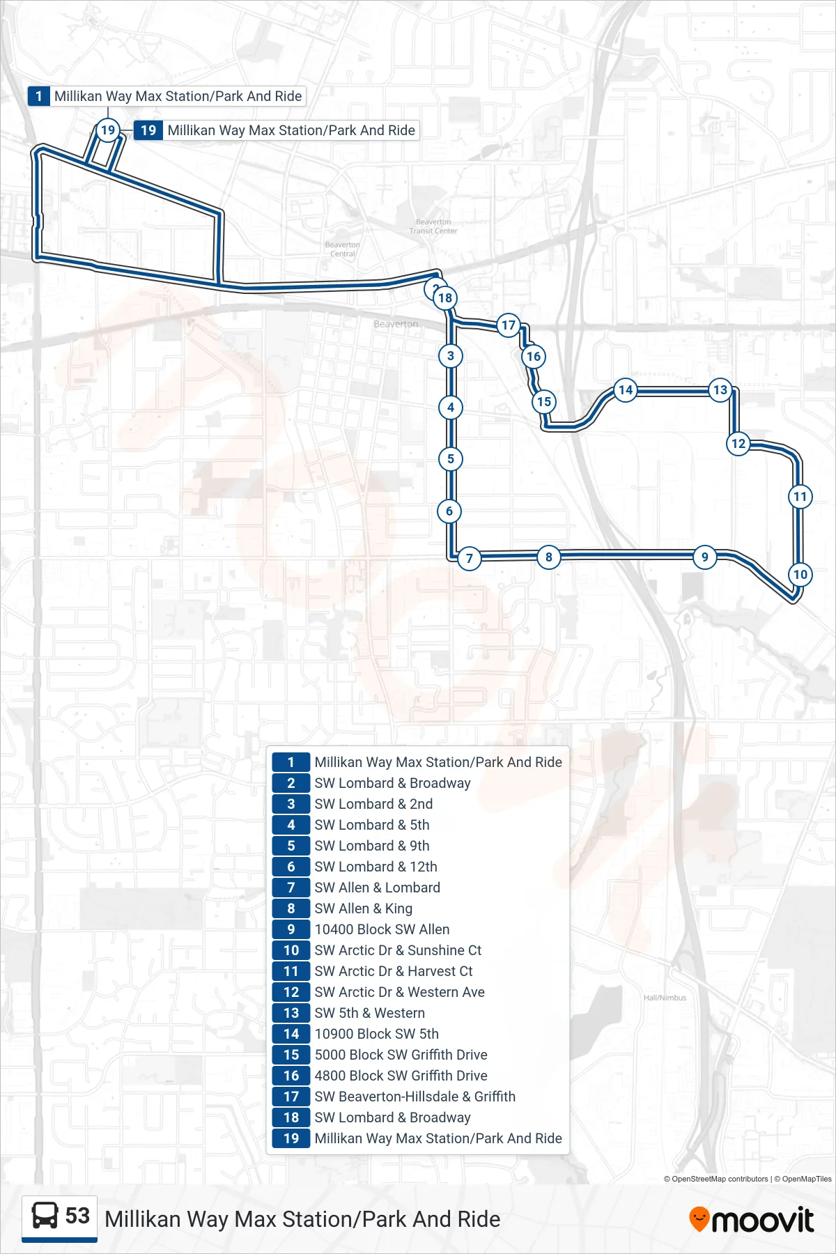 53 bus Line (Millikan Way Max Station/Park And Ride) route and stops on a map