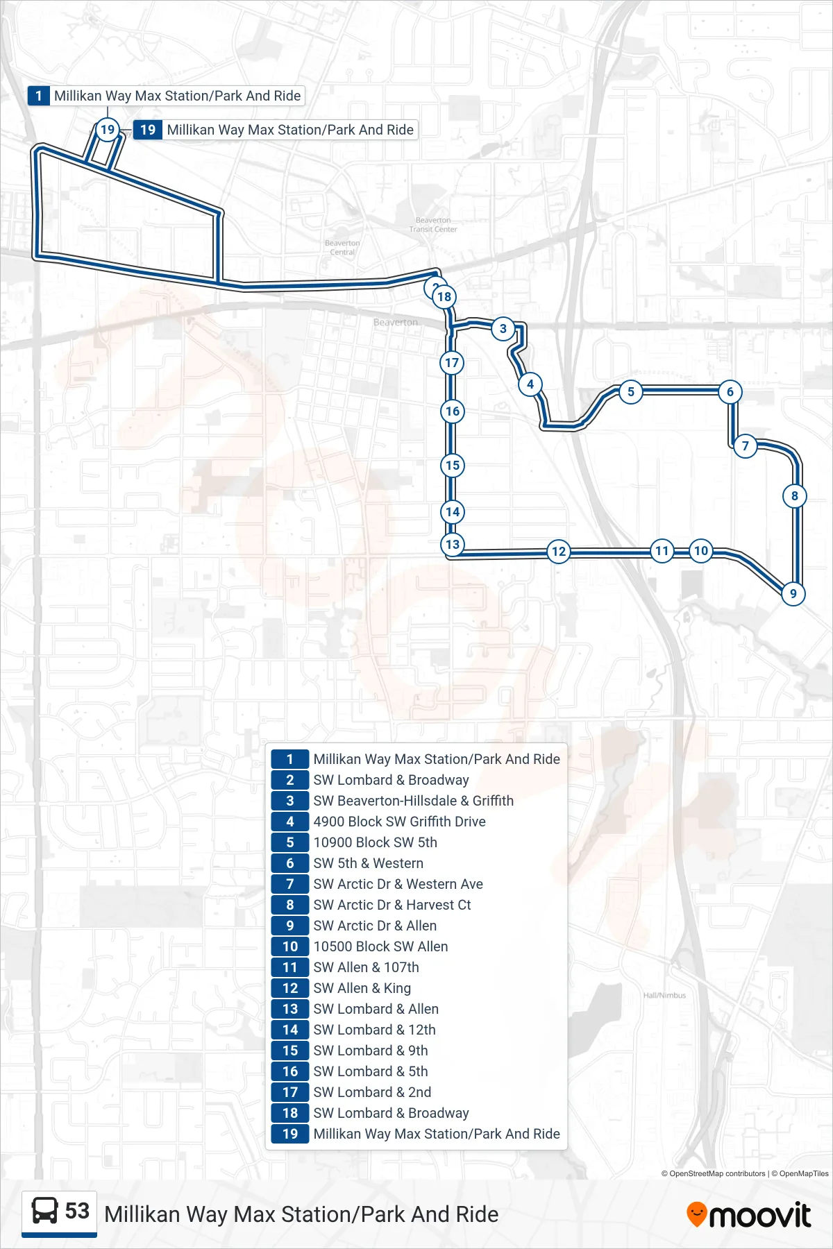 53 bus Line (Millikan Way Max Station/Park And Ride) route and stops on a map