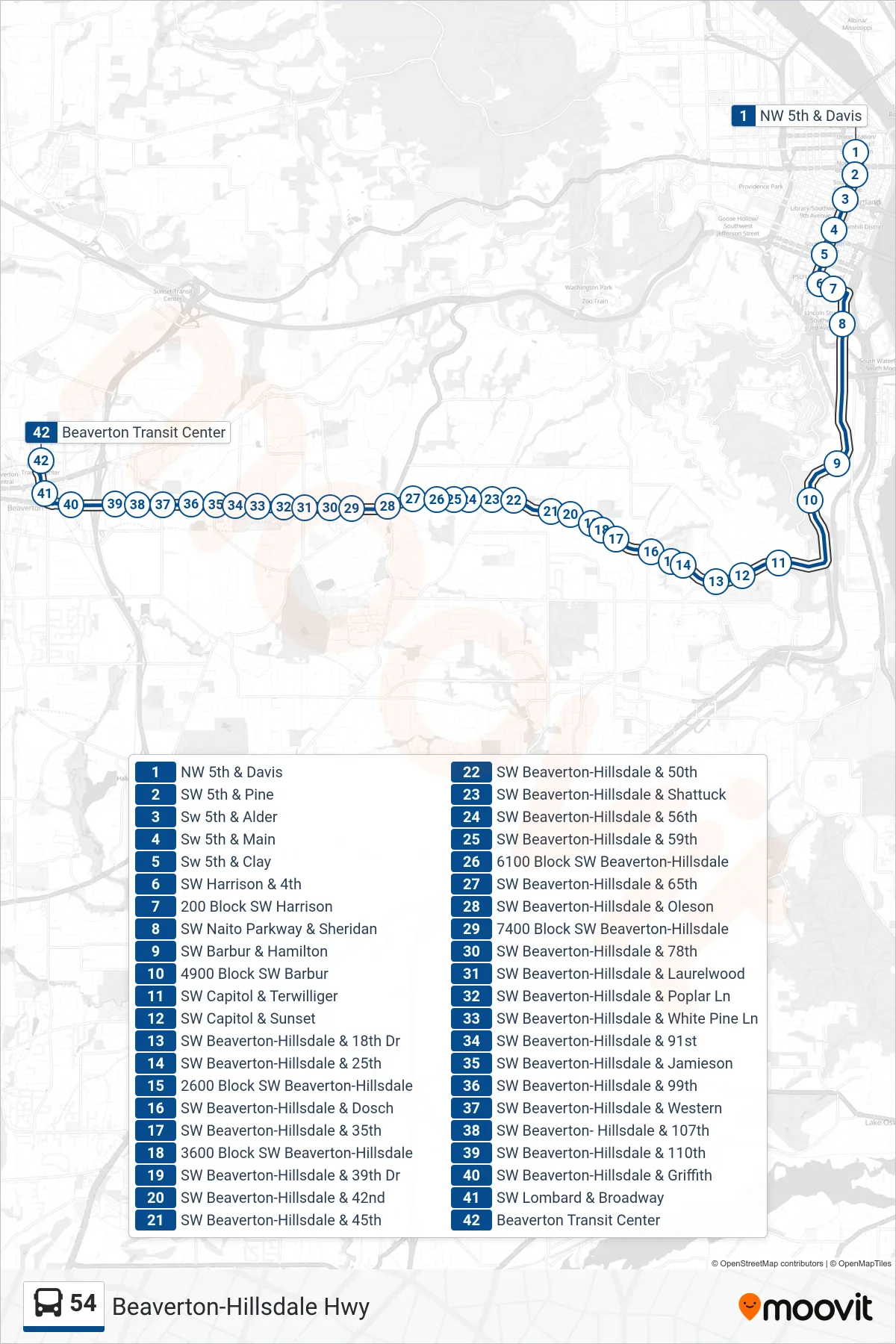 54 bus Line (Beaverton Transit Center) route and stops on a map