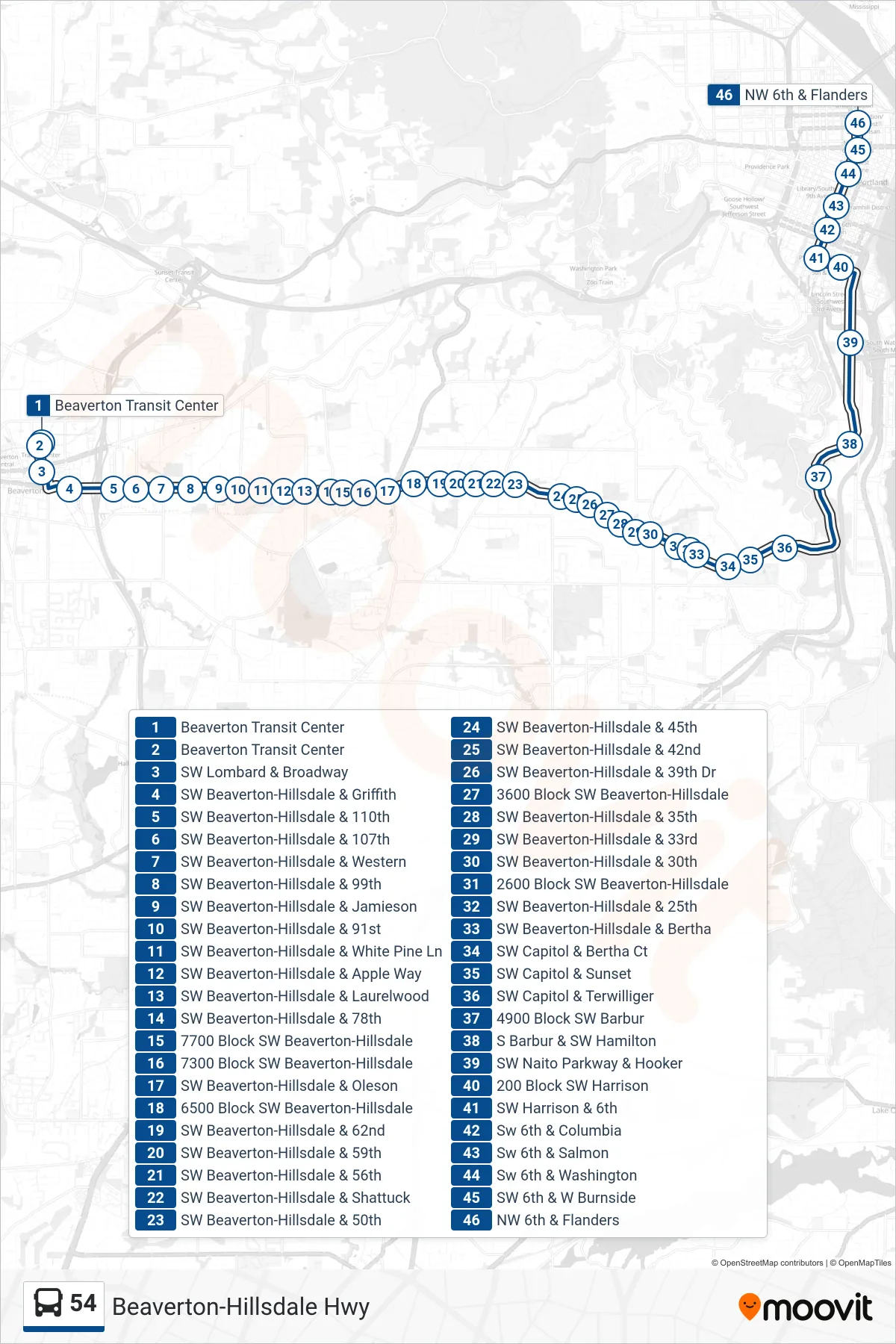 54 bus Line (NW 6th & Flanders) route and stops on a map