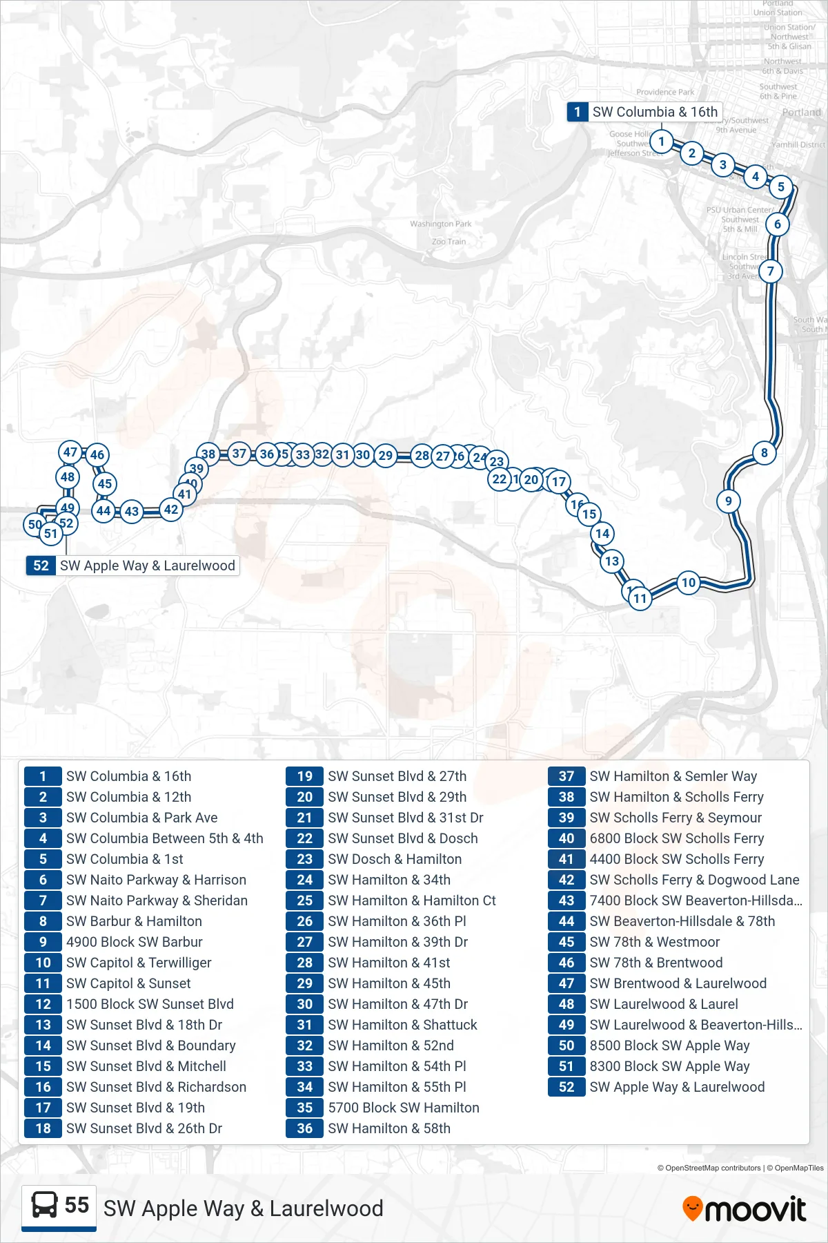 55 bus Line (SW Apple Way & Laurelwood) route and stops on a map