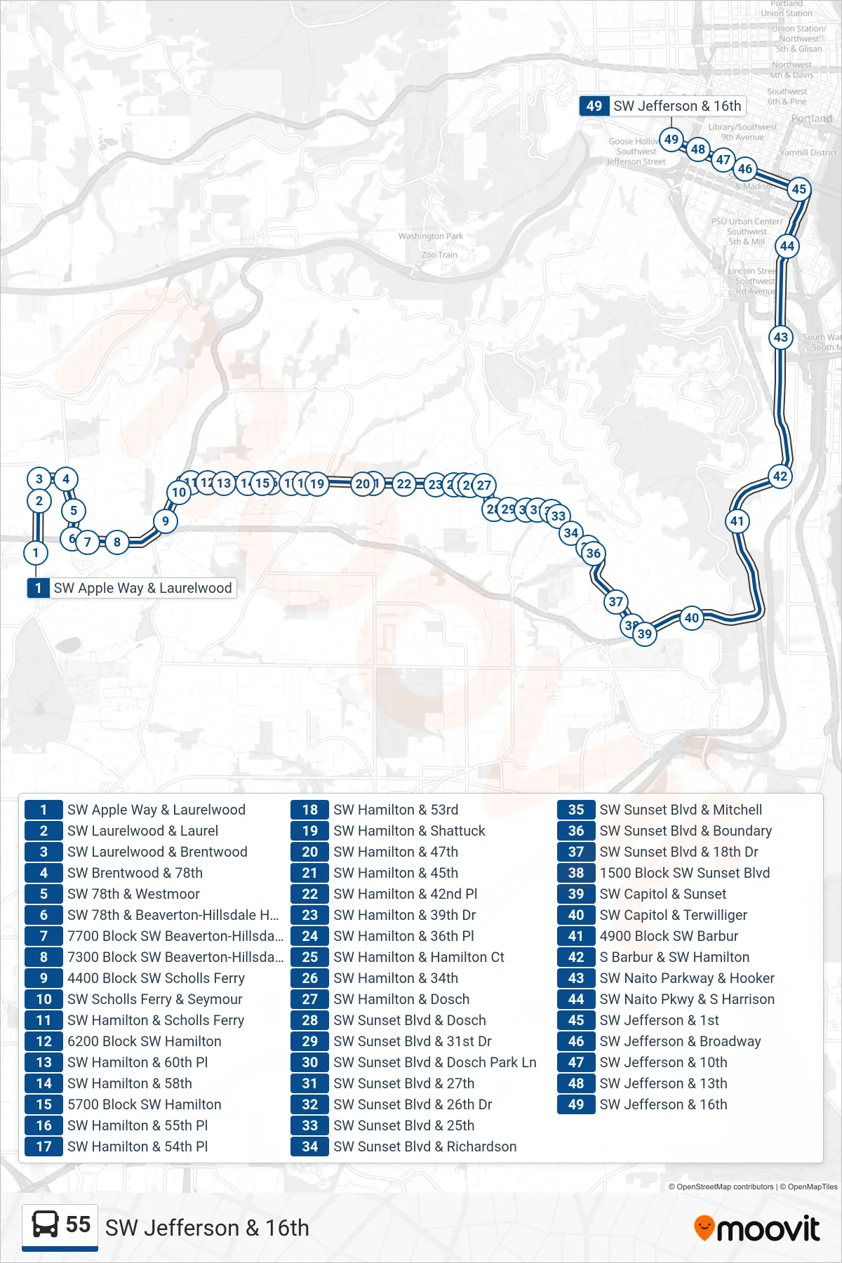55 bus Line (SW Jefferson & 16th) route and stops on a map