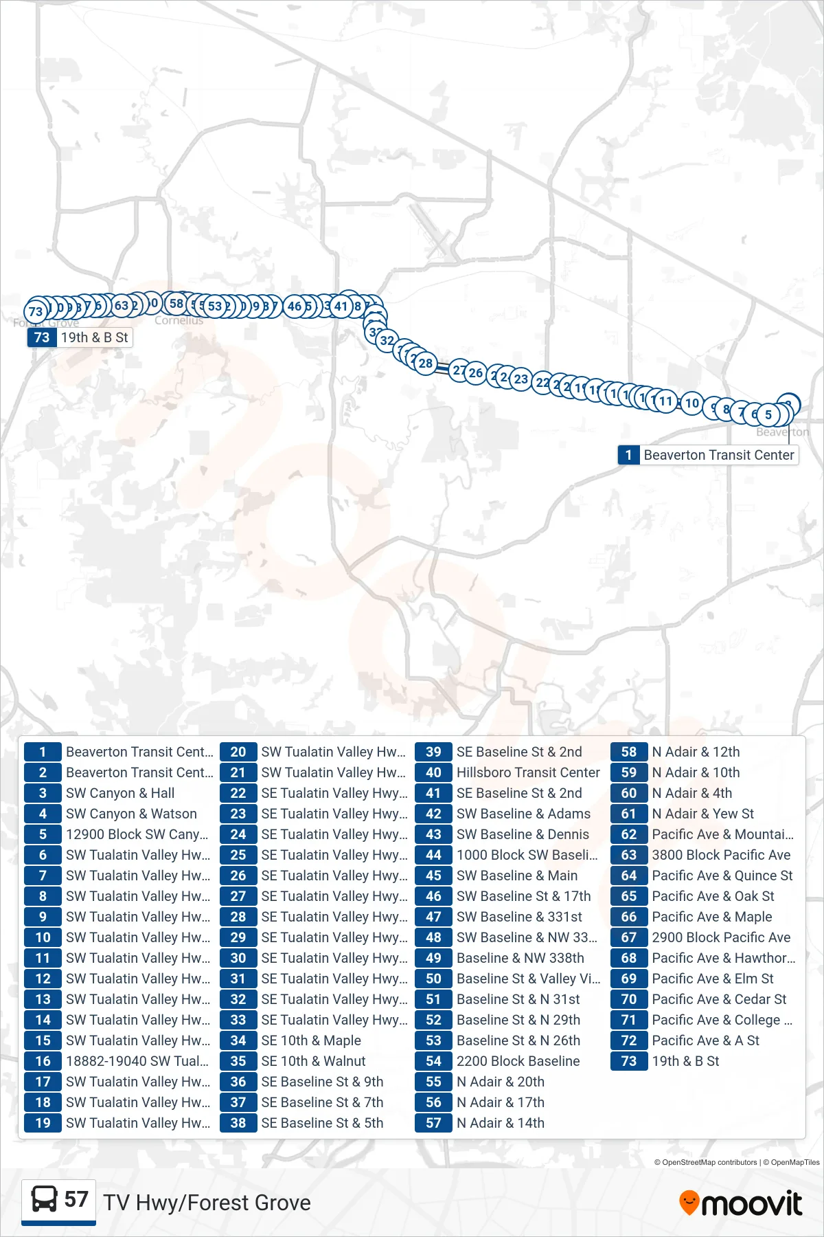 57 bus Line (19th & B St) route and stops on a map
