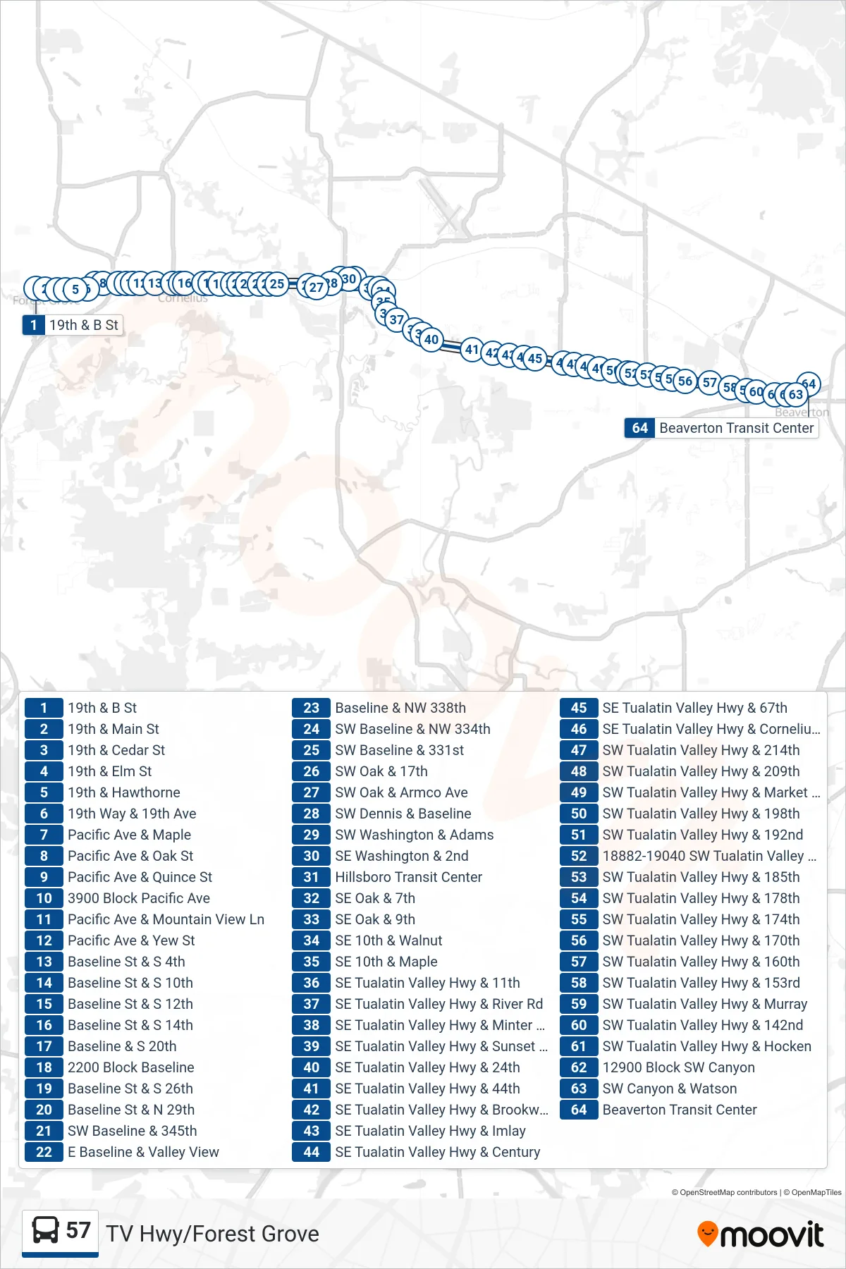 57 bus Line (Beaverton Transit Center) route and stops on a map