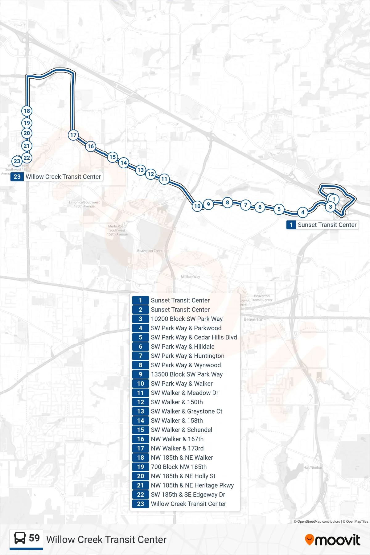 59 bus Line (Willow Creek Transit Center) route and stops on a map
