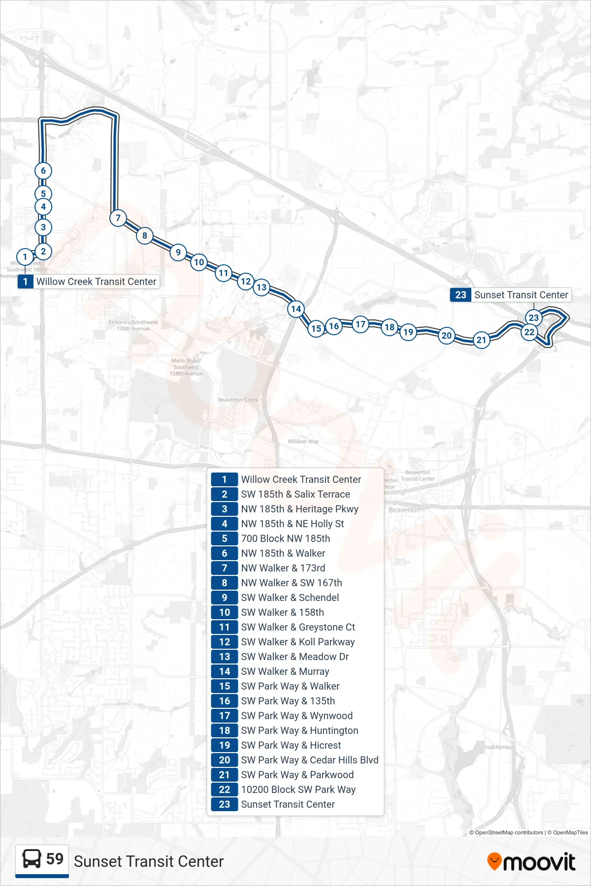 59 bus Line (Sunset Transit Center) route and stops on a map
