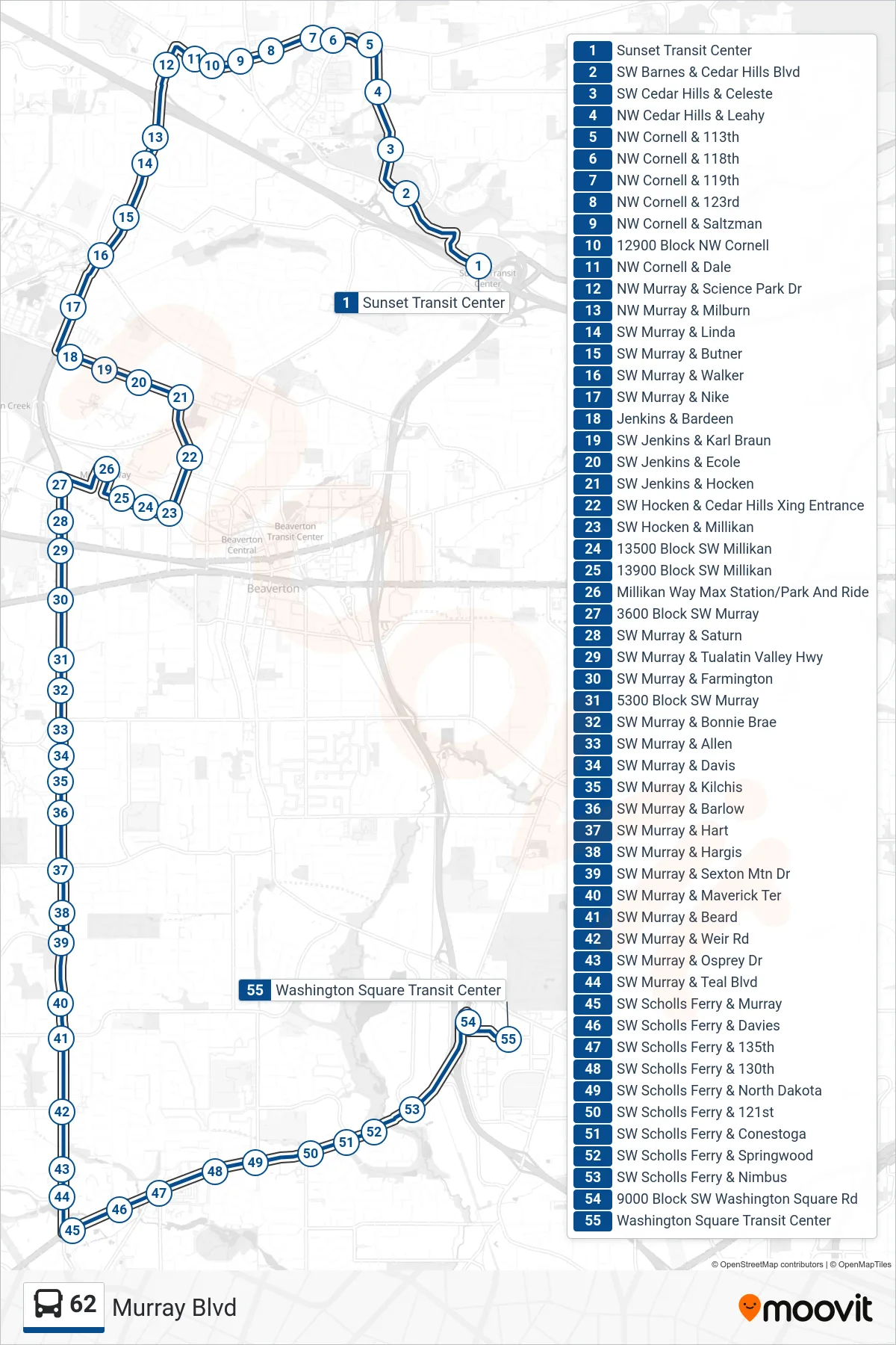 62 bus Line (Washington Square Transit Center) route and stops on a map