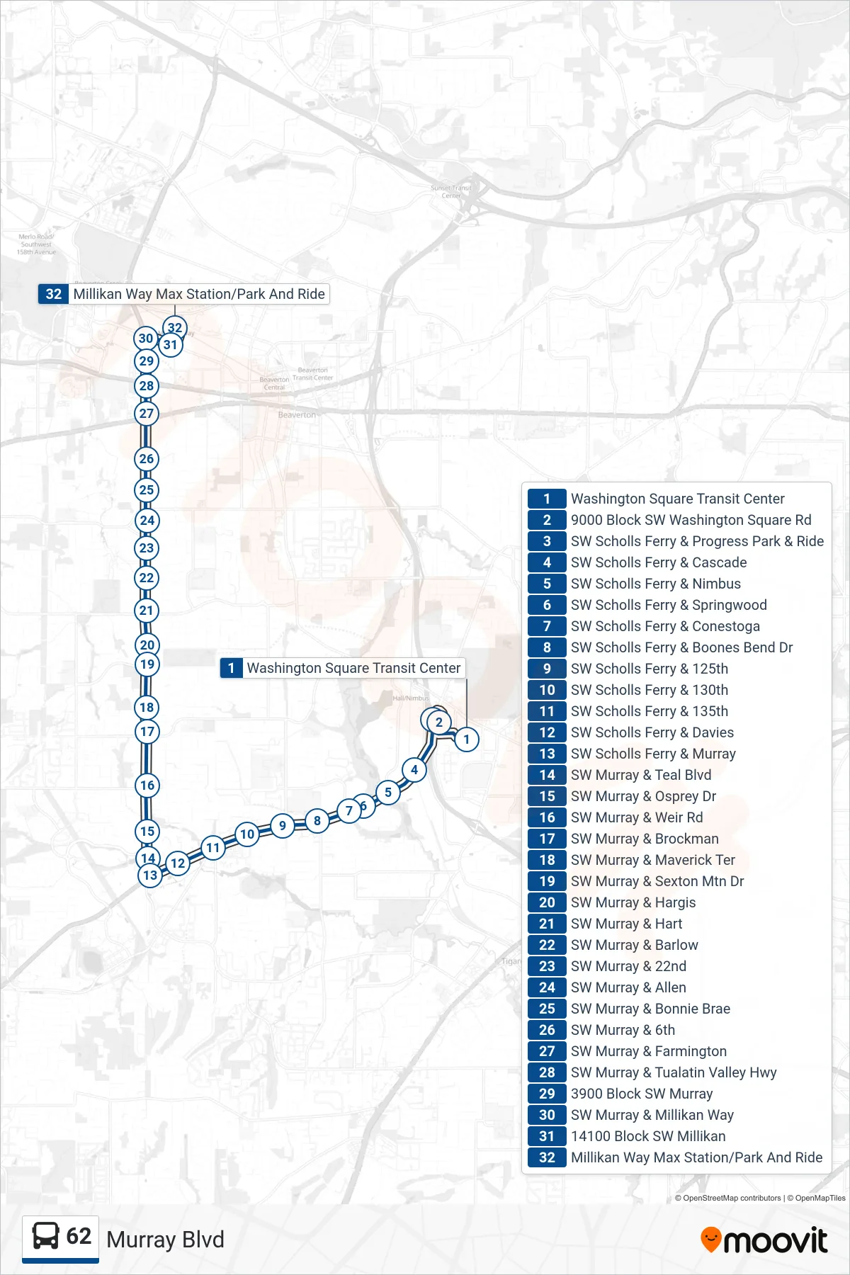 62 bus Line (Millikan Way Max Station/Park And Ride) route and stops on a map
