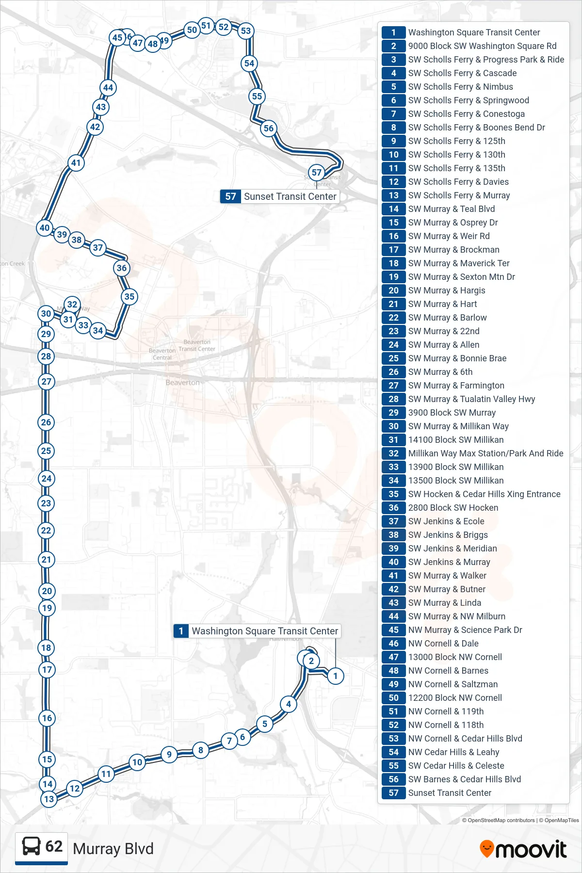 62 bus Line (Sunset Transit Center) route and stops on a map
