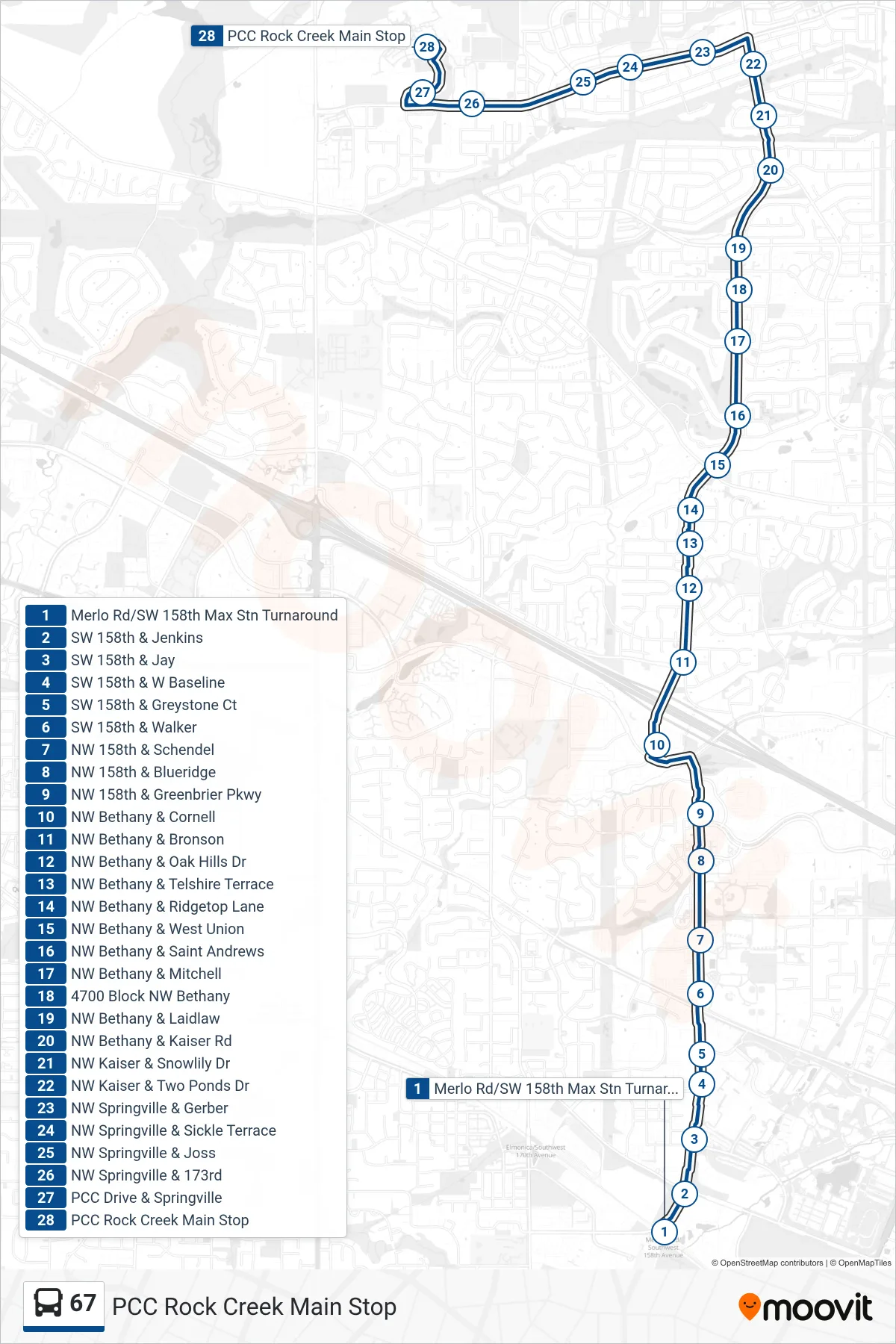 67 bus Line (PCC Rock Creek Main Stop) route and stops on a map