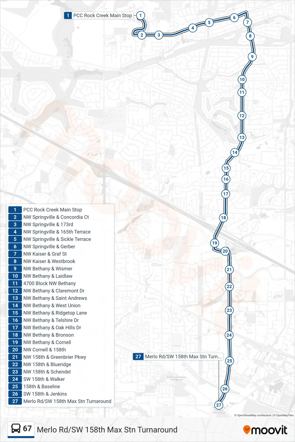 67 bus Line (Merlo Rd/SW 158th Max Stn Turnaround) route and stops on a map