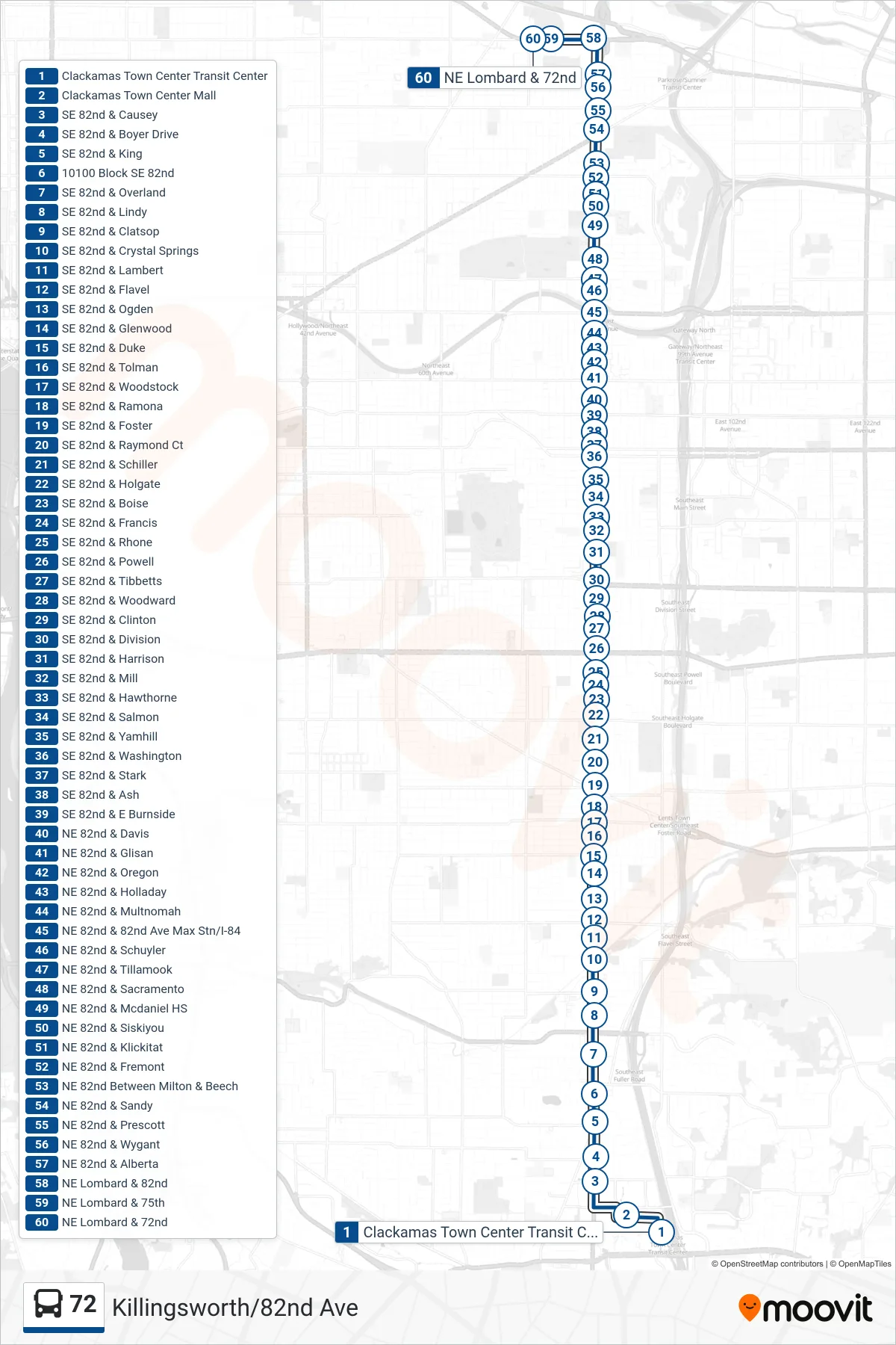 72 bus Line (NE Lombard & 72nd) route and stops on a map