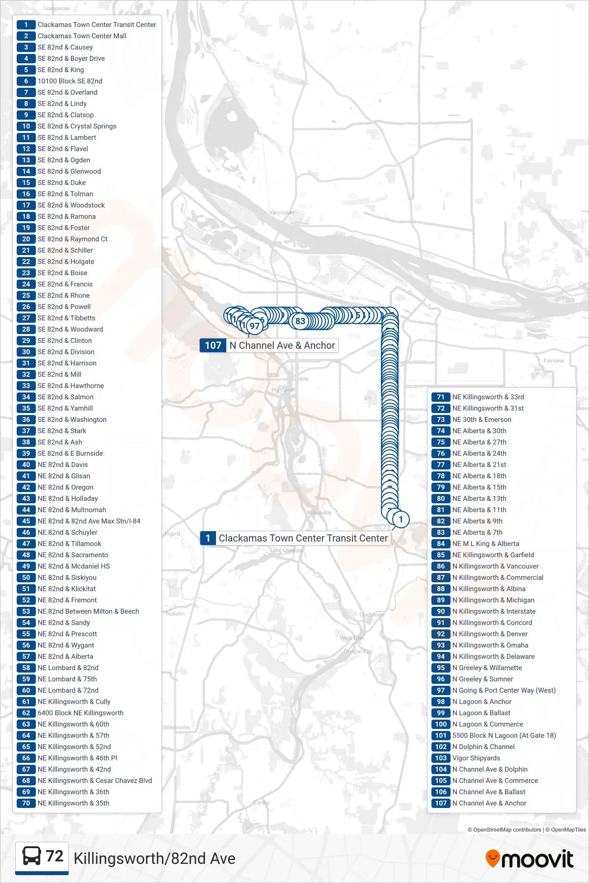 72 bus Line (N Channel Ave & Anchor) route and stops on a map