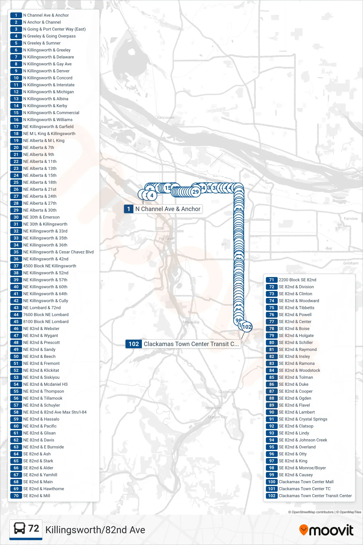 72 bus Line (Clackamas Town Center Transit Center) route and stops on a map
