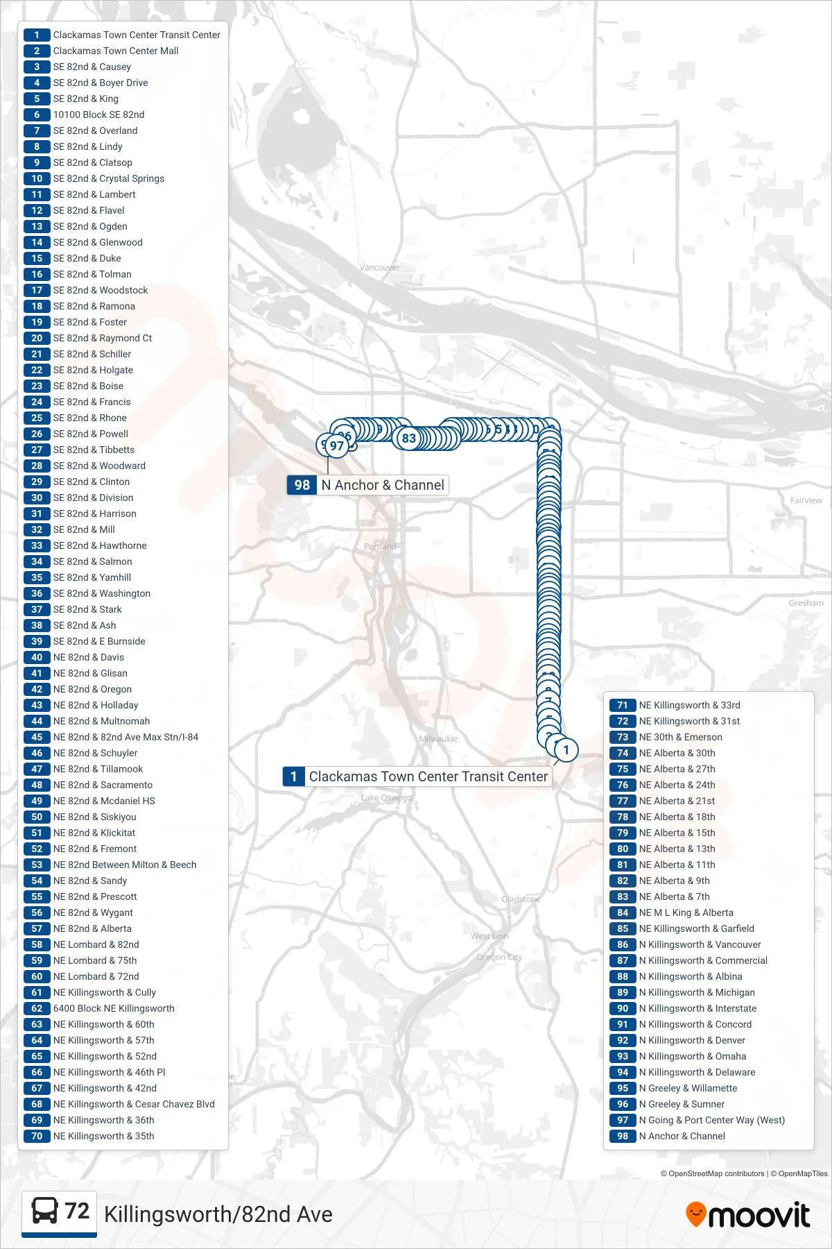 72 bus Line (N Anchor & Channel) route and stops on a map