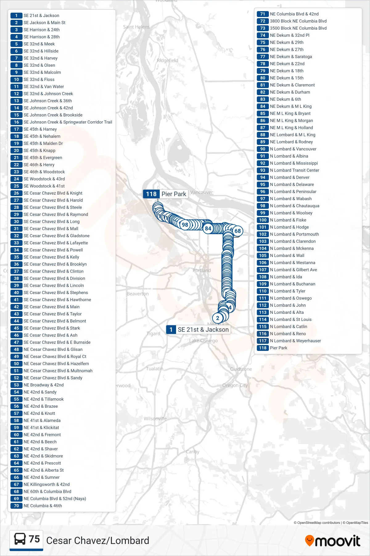 75 bus Line (Pier Park) route and stops on a map
