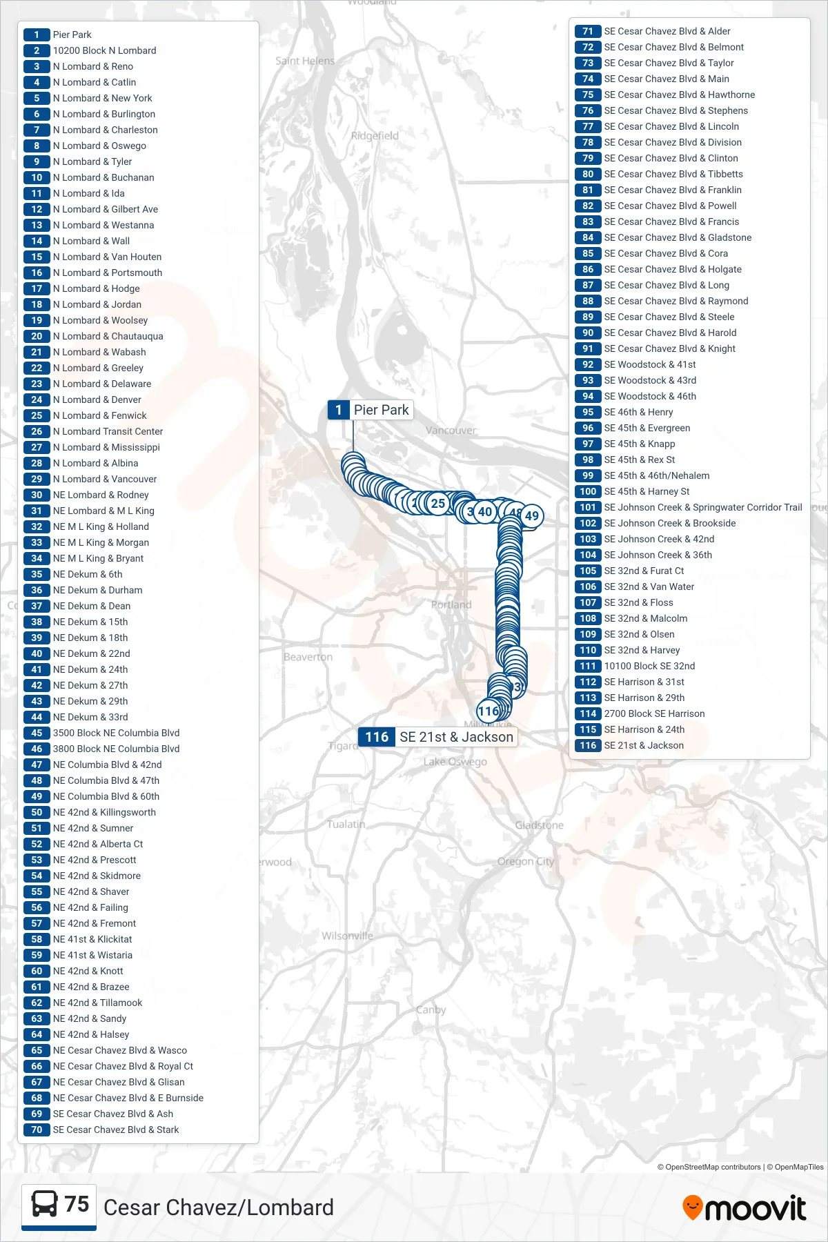 75 bus Line (SE 21st & Jackson) route and stops on a map