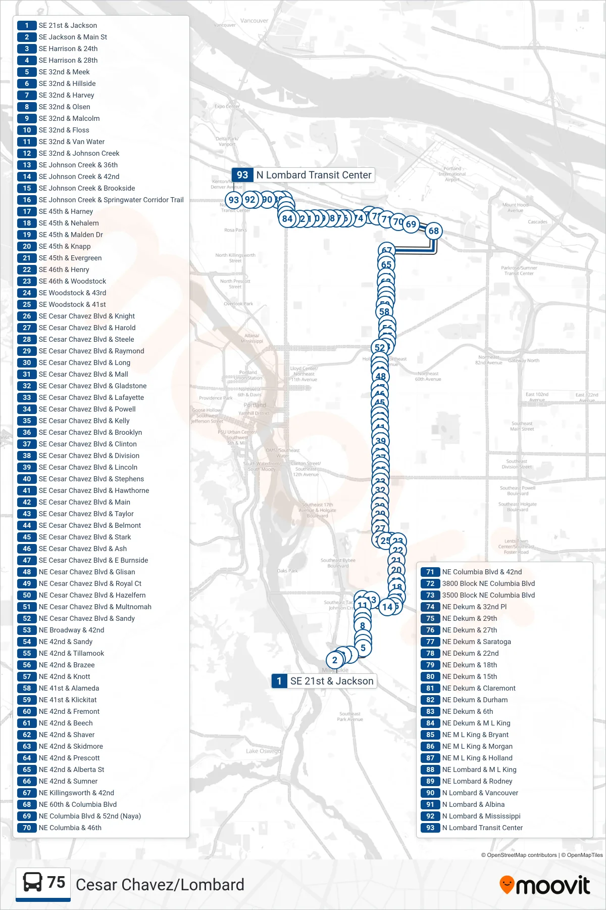 75 bus Line (N Lombard Transit Center) route and stops on a map